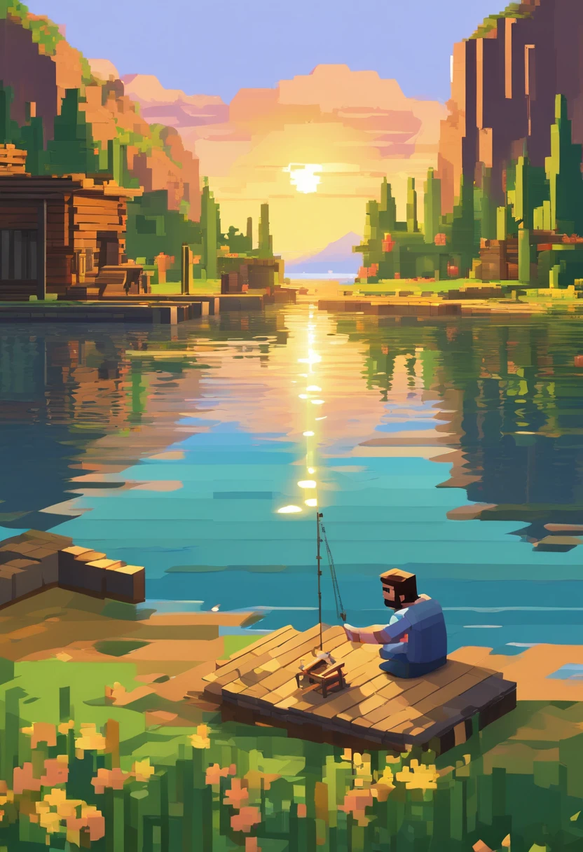 (best quality,4k,8k,highres,masterpiece:1.2),ultra-detailed,(realistic,photorealistic,photo-realistic:1.37),Minecraft landscape,Steve sitting on the shore fishing

Material: Game art, 3D rendering, pixel art, blocky style
Additional details: Beautiful sunset, vibrant colors, lush green grass, flowing water, shadows and reflections on the water surface, trees and flowers in the background, small animals like birds and butterflies flying around, details of fish swimming in the water, Steve wearing a blue shirt and jeans, holding a fishing rod, focus on Steve's calm and focused expression, casting a fishing line into the water, a small boat docked nearby, a wooden fishing hut on the shore, a majestic mountain range in the distance, the sound of gentle waves, a peaceful and serene atmosphere

Art style: Pixel art, realistic style, detailed textures, vivid colors
Color tone: Warm tones, yellow and orange hues for the sunset, contrasting with cool blue tones of the water
Lighting: Soft golden light illuminating the scene, casting long shadows of trees and objects, creating a warm and inviting atmosphere

Note: Please remember to describe Steve's eyes, nose, and lips in order to avoid randomly generated facial features by Stable Diffusion.