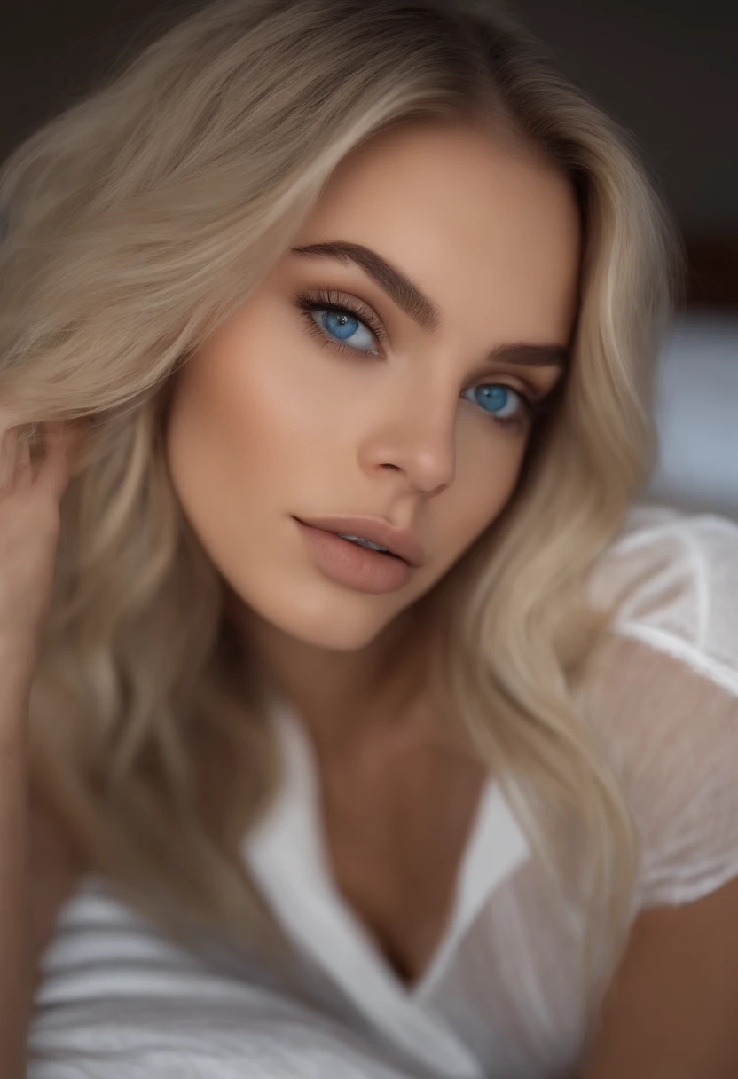 arafed woman fully , sexy girl with blue eyes, ultra realistic, meticulously detailed, portrait sophie mudd, blonde hair and large eyes, selfie of a young woman, bedroom eyes, violet myers, without makeup, natural makeup, looking directly at the camera, face with artgram, subtle makeup, stunning full body shot kneeling on bed, in bedroom, medium to large size bust; ; ;naked,No clothes on