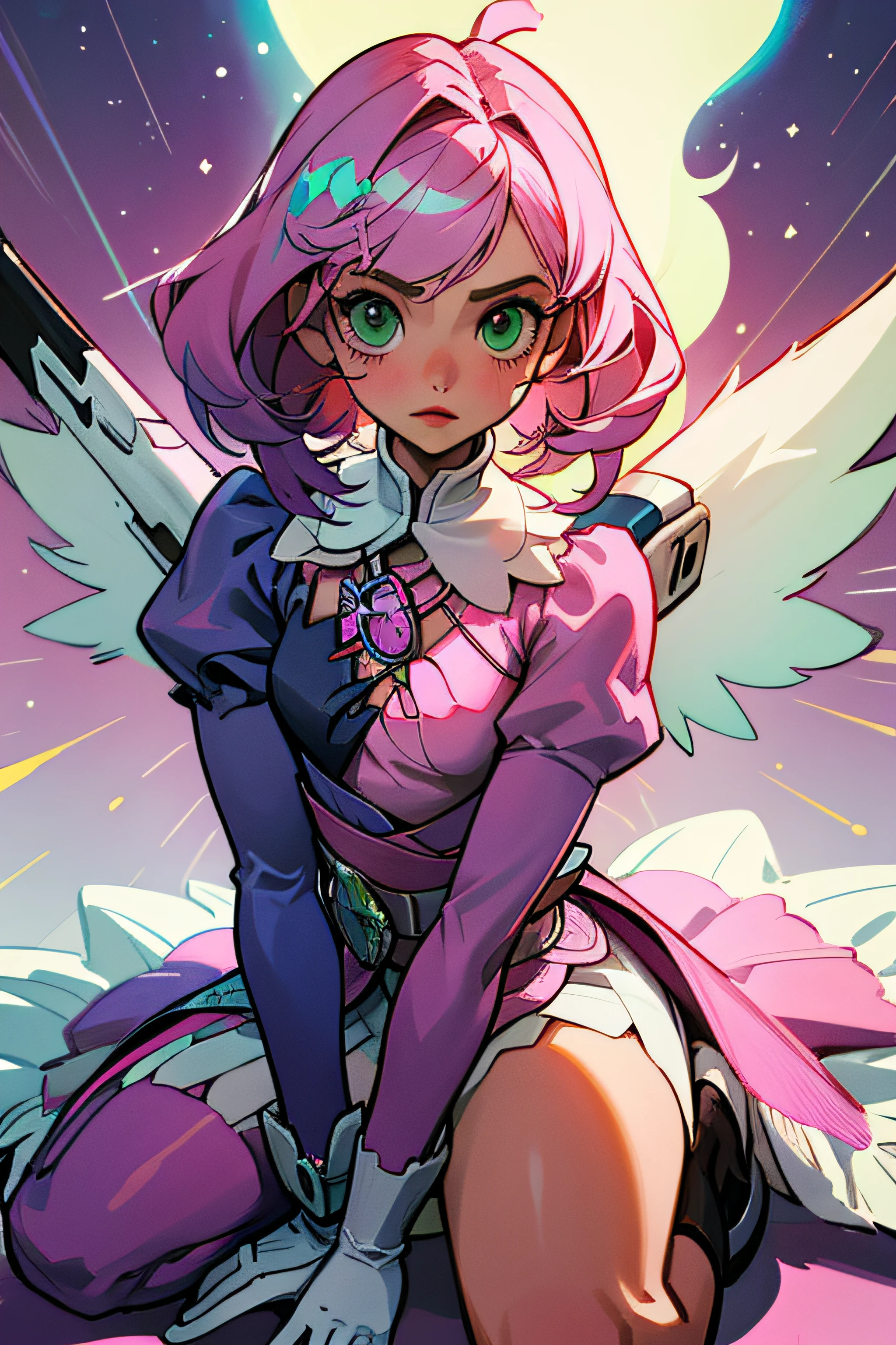 Alisa bosconovitch, melhor qualidade, contemporary, estilo plano, minimalismo, Green Eyes Flat Illustration, cabelo rosa, cabelo curto, cabelos multicoloridos, Camisa Preta, mechanical wings, Head Portrait Close-U, peito pontudo, decote, super decote, middlebreasts, Tekken，cabelo rosa pastel, 1girl, em quimono, hand-painted，Desenho de linha sem cor,  colorida do yandere pastel, Tekken, com roupa de empregada，figura esbelta，robusto，He sat on the floor，Vestido com roupas de empregada rosa e branco，cabelos muito curtos，com orelhas de gato，quadratic element，, kawaii cor-de-rosa na roupa da era de 1910, Alisa Bosconovich pink lips, no estilo da paleta de cores suave aurorapunk, an anime illustration of his face, gifs animados, hand drawn animation, charming sketches, suave e brilhante, romantismo nebuloso, estilo superflat, fundo branco - ar 1:1 - niji 5 - estilo expressivo --s 50