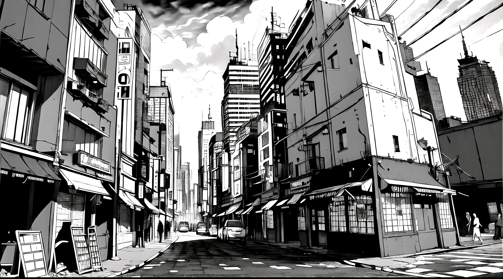 ((lineart, monochrome)),best quality, city building, scenery, busy streets, urban background, smoke , greyscale, monochrome, in boichi manga style