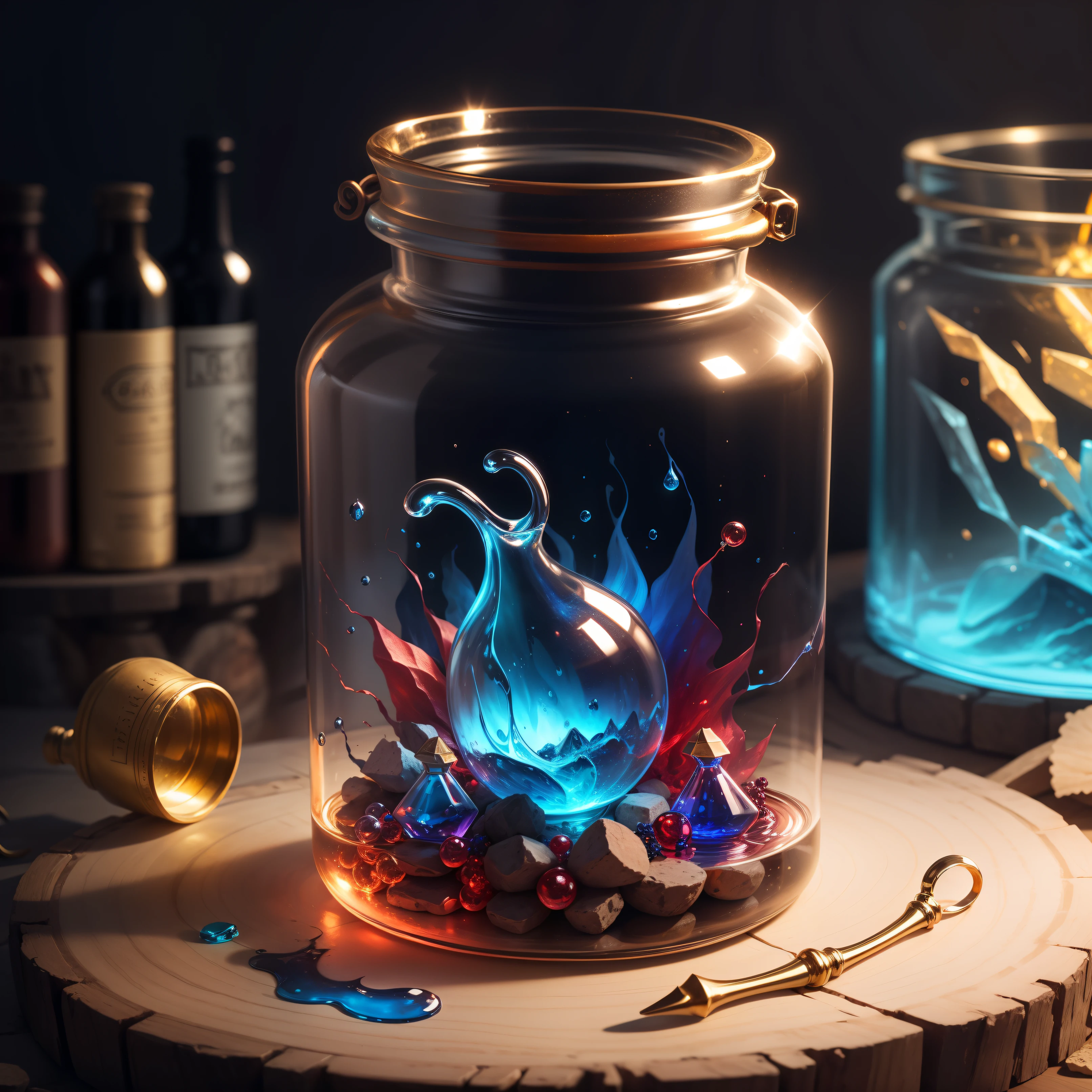 2 cintilantes, Golden potion in a crystal jar filled with blue and red liquid, with a cork stopper and a whirlpool of magical energy.