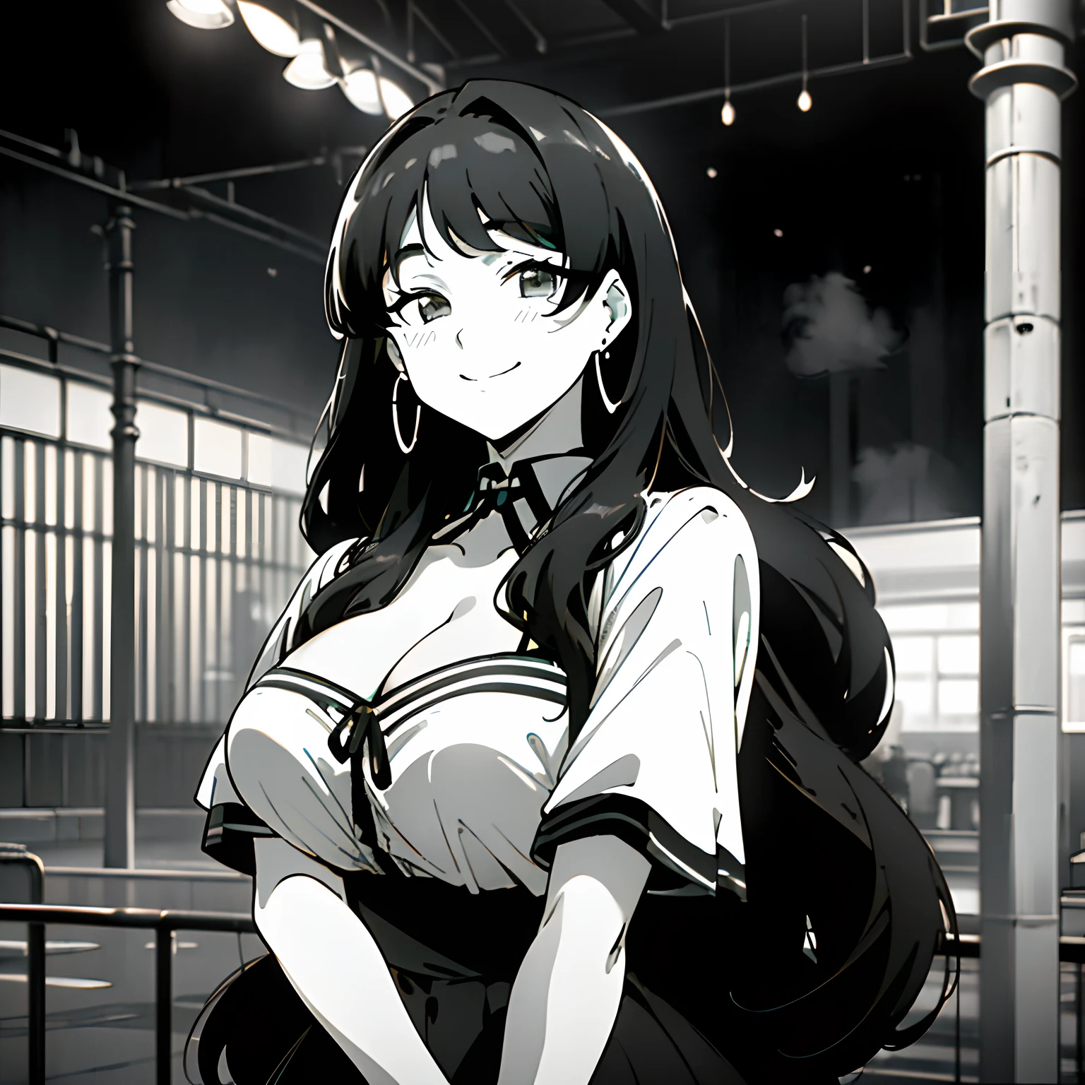 ((Masterpiece, solo, upper body, black and white, monochrome, night, steam)), street, old cars, streetlamps), cute anime girl standing, city street, ((smiling, black hair, long hair, wavy hair, cleavage, large breasts)), earrings, white dress shirt, short sleeves, striped skirt, ribbon