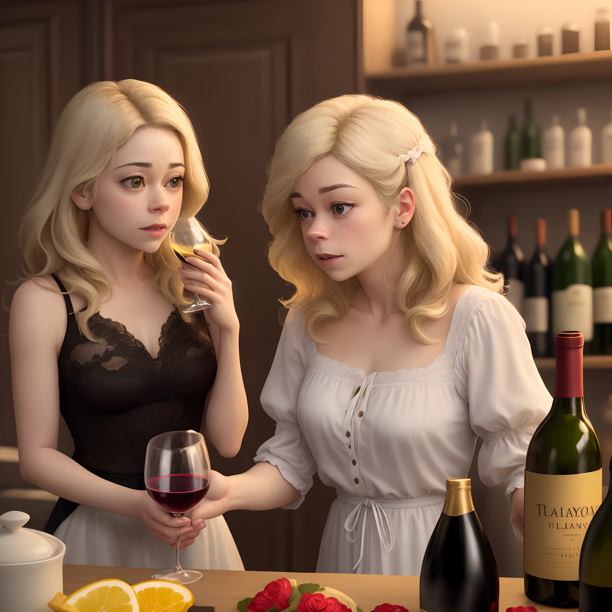 Tatiana maslany help a blonde woman drink a bottle of wine