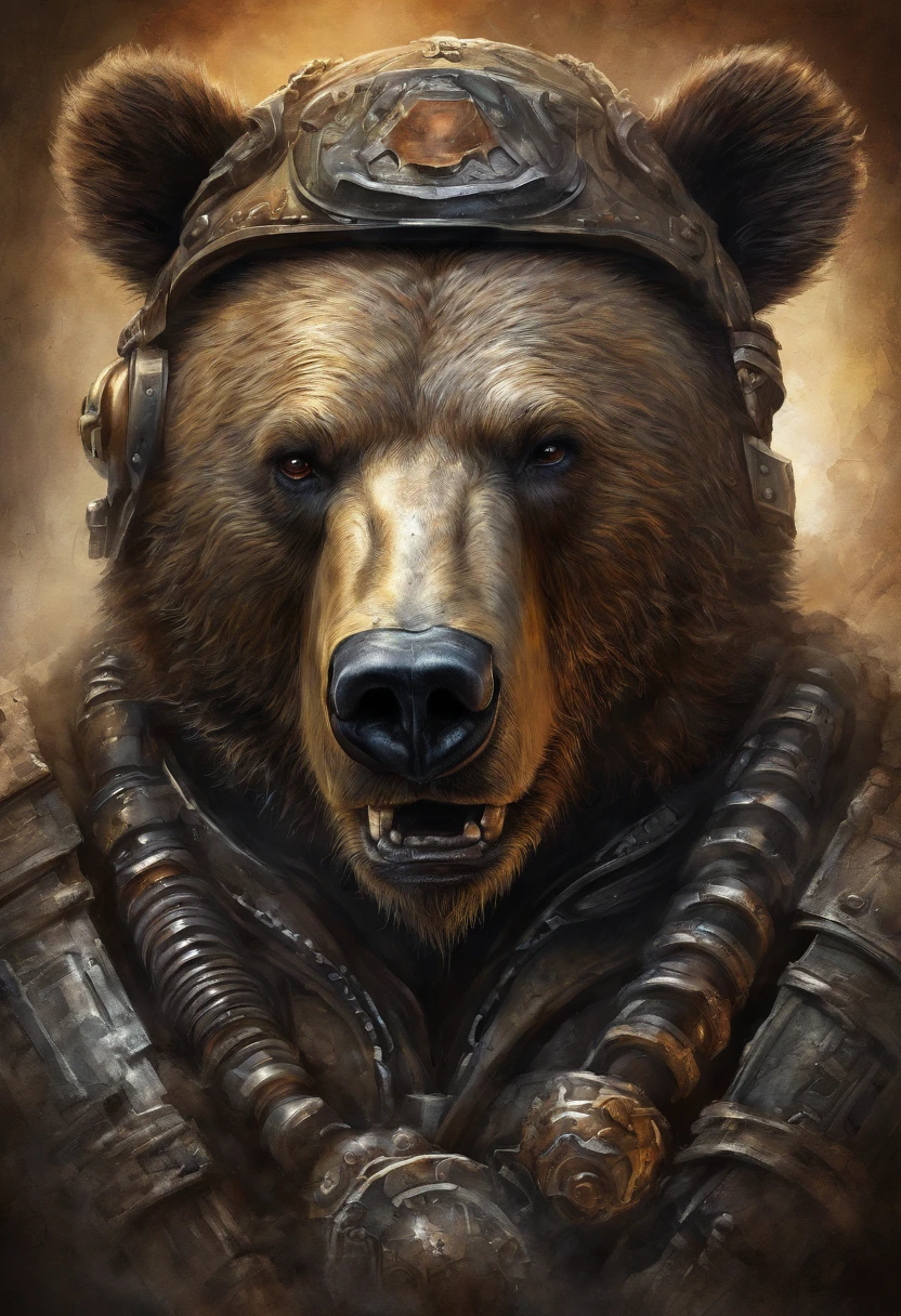 maximum quality, Dramatic lighting, menacing pose, fierce expression, epic atmosphere, (((Bear head shaped helmet))), (((full body shot))),a snake made out of metal, cyborg, cyberpunk style, clockwork, ((intricate details)), hdr, ((intricate details, hyperdetailed)), incandescent lamps, cinematic shot, vignette, bokeh effect beckground, (canines), (full body shot).