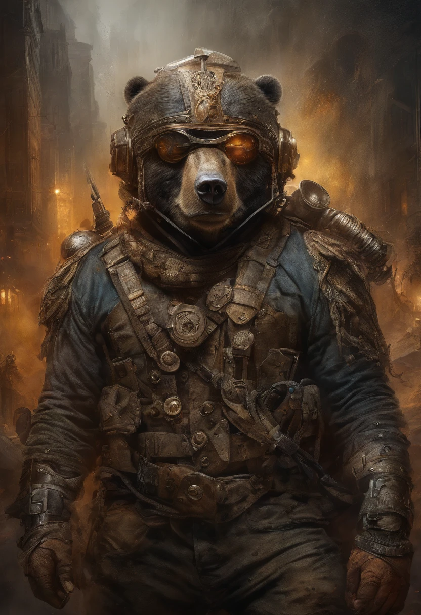 maximum quality, Dramatic lighting, menacing pose, fierce expression, epic atmosphere, (((Bear head shaped helmet))), (((full body shot))),a snake made out of metal, cyborg, cyberpunk style, clockwork, ((intricate details)), hdr, ((intricate details, hyperdetailed)), incandescent lamps, cinematic shot, vignette, bokeh effect beckground, (canines), (full body shot).