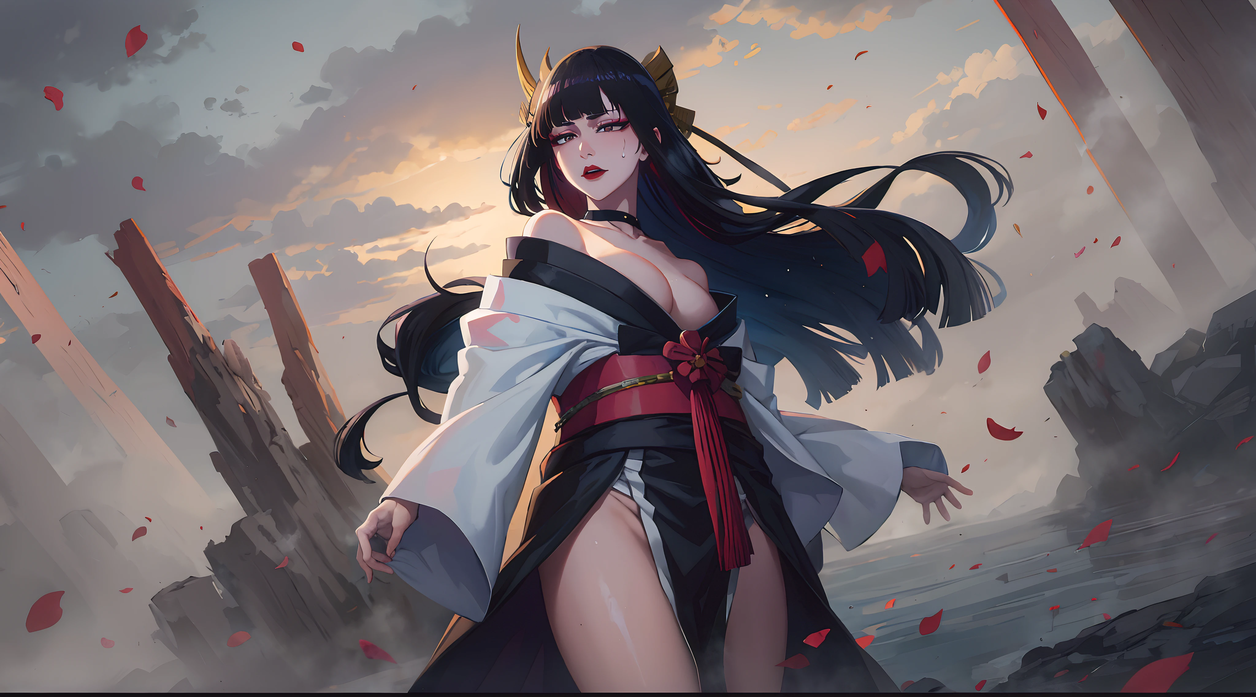 senjumaru shutara, (long hair, bangs, blunt bangs, black hair, sidelocks:1.5), (black eyes:1.5), makeup, lipstick, red lipstick, sweating, glowing eyes, heavy breathing, female focus, petals, 1girl, breasts, cloud, sky, choker, kimono, cleavage, wide_sleeves, wind, japanese_clothes, sash, looking_at_viewer, cloudy_sky, black_kimono, letterboxed, long_sleeves, rose_petals, solo, large_breasts, obi, bare_shoulders, standing, cowboy_shot, outdoors, floating_hair, collarbone, black_choker, cherry_blossoms, falling_petals, medium_breasts, parted_lips, "long shot scenic professional photograph of {prompt}, perfect viewpoint, highly detailed, wide-angle lens, hyper realistic, with dramatic sky, polarizing filter, natural lighting, vivid colors, everything in sharp focus, HDR, UHD, 64K", anime coloring, anime screencap, sweating, steaming body, fog, hair ornament