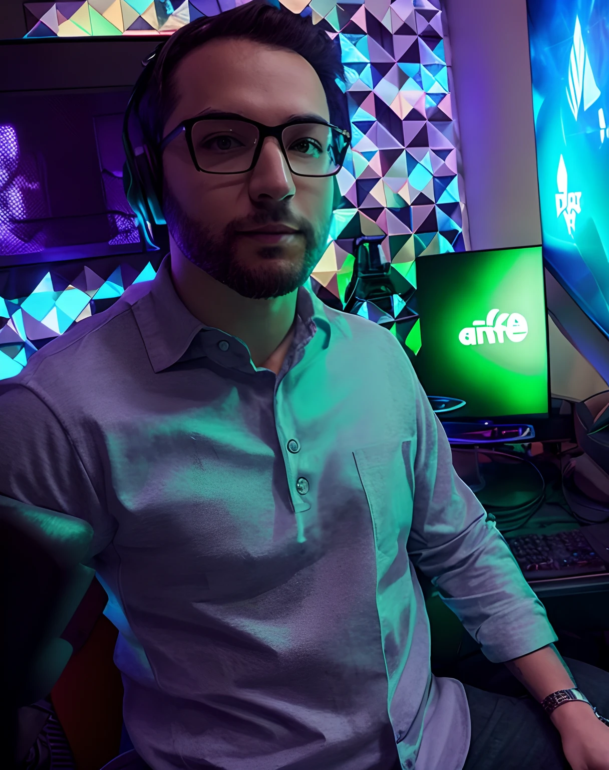 There's a man sitting on a chair with a gaming PC in the background, Streamer do Twitch, foto de perfil profissional, imagem profissional, imagem do avatar, estilo Anime.