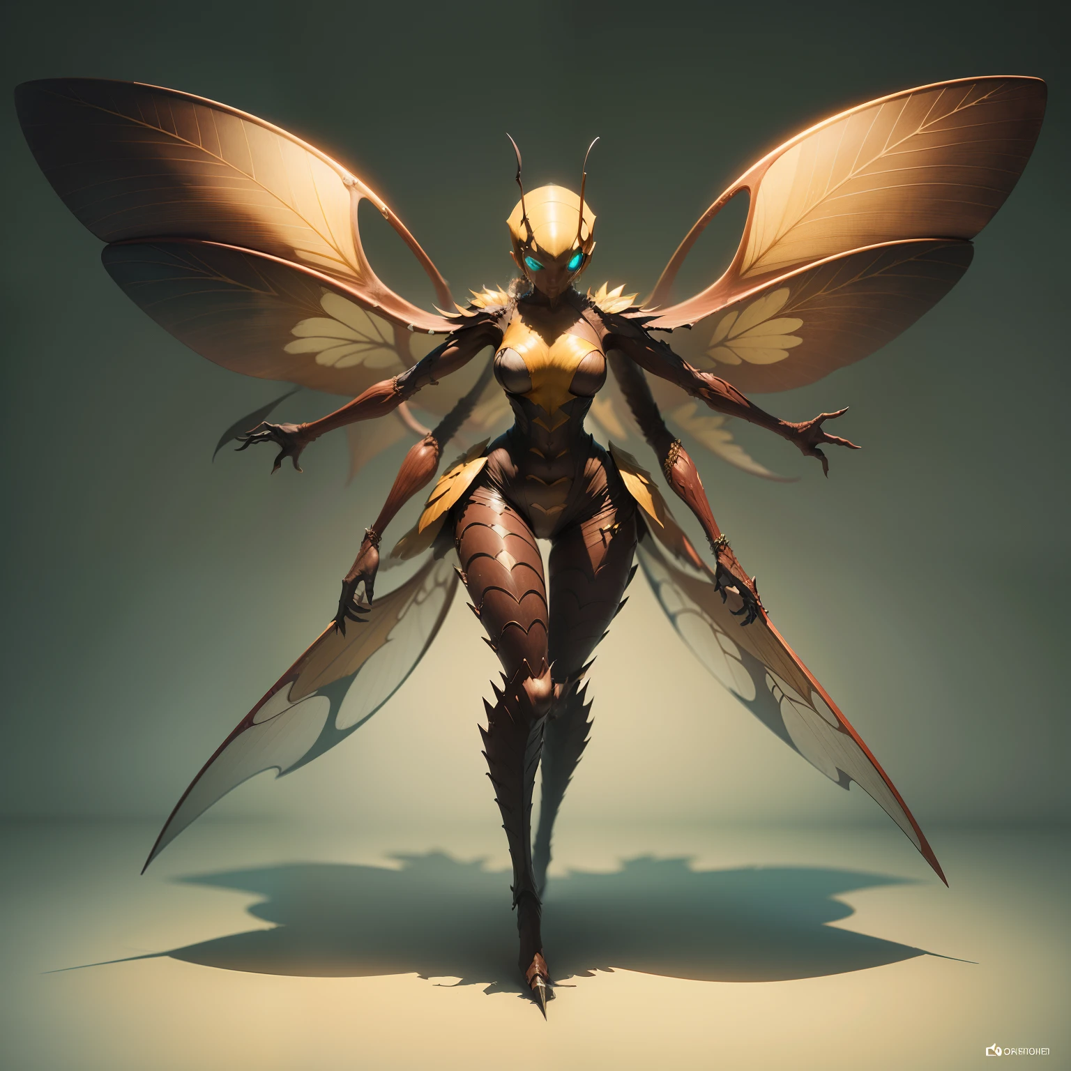 Feminine insect humanoid creature, Four insectoid arms, wings Similar to a bee, Yellow and black color design、 Faceless, monstrous insect, chitin skin, large almond shaped eyes, humanoid body style, thri-kreen DnD character