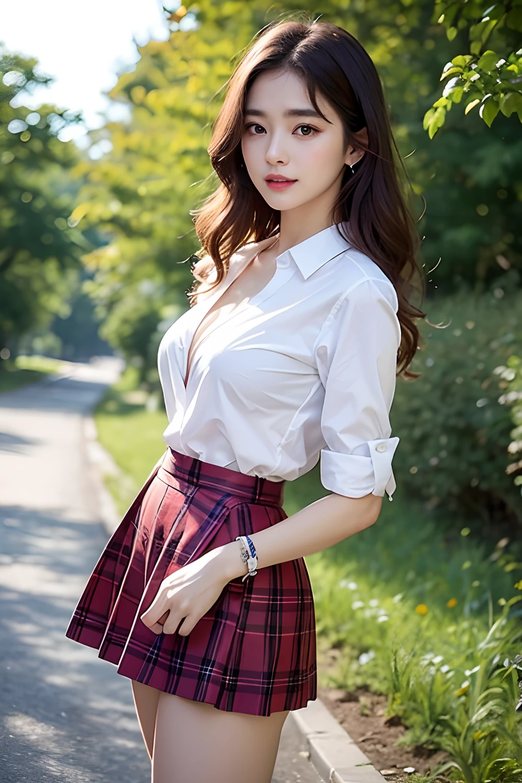 nsfw、8k RAW photo、top-quality、masterpiece、超A high resolution、film grains、filmg、
1girl in、looking at the viewers、
natural skin textures、realistic eyes and face details、Full lips、lipsticks、rouge\(makeups\)、red eye shadow、a blond、Long curly hair、hair messy、a smile、closes mouth、beautiful legs、Tall lady、thin、slim_legs、独奏、
Pose with your buttocks facing forward、
Ultra short skirt、buttock、The shirt、
Beautiful natural places、around flowers location、Plaid skirt、white shirt、
huge-breasted、cleavage of the breast、Show a little cleavage through the shirt、
loafer
Blurry background、bblurry、ngel、Plaid、shortsleeves、JK ribbon on neck、JK Ribbon、
A bracelet、Eau、bangss、校服、jewely、cparted lips、s lips、From the side、pleatedskirt、
depth of fields、A dark-haired、
look at viewr