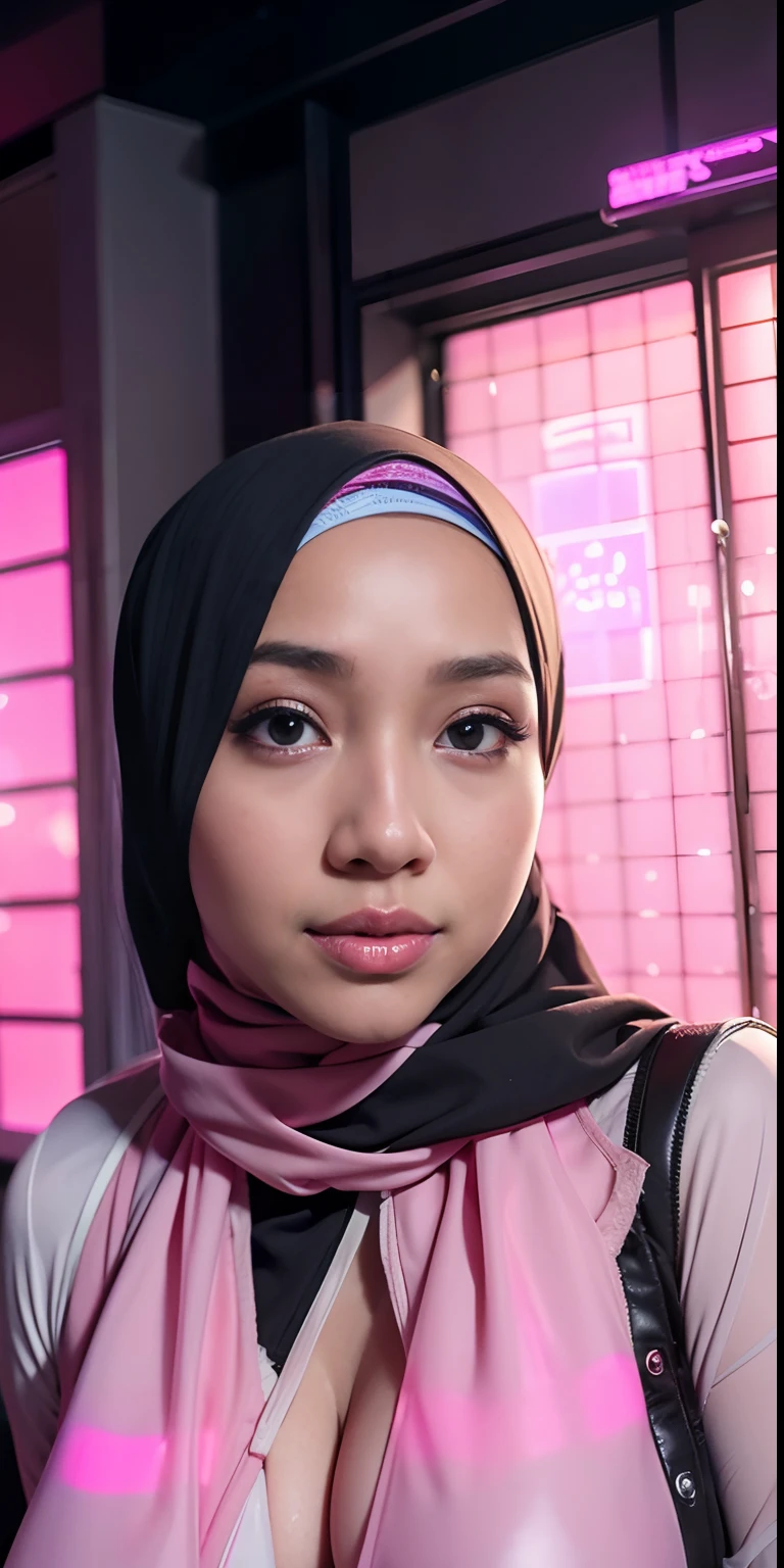 1 malay girl , modern plain hijab, shy, medium portrait shot , watery eyes , pink glowing particles, wear pastel pink lace bra,(( big breast)), pink light bokeh background, proportional body,