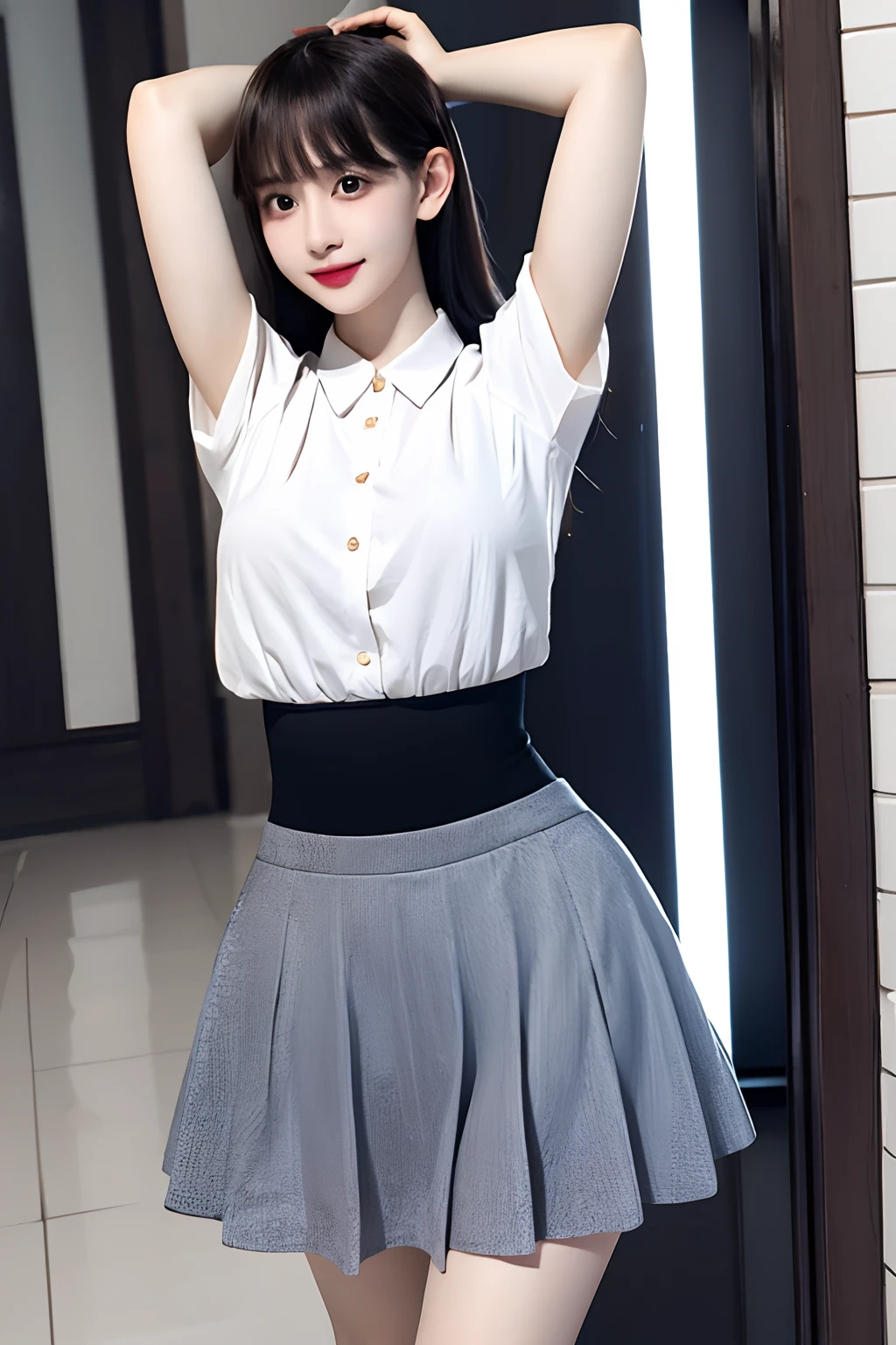 Shiny tight skirt、raise arms、Show armpits、Turn up your skirt、Long body、A slender、Inside the city、adult woman、adult lady、skin-tight