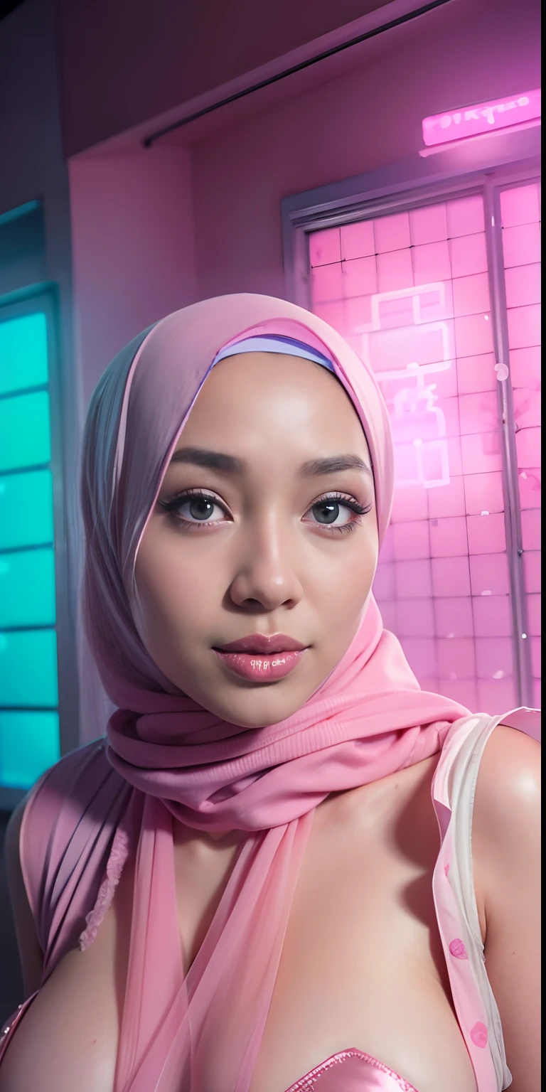 1 malay girl , modern plain hijab,  shy, medium portrait shot , watery  eyes , pink glowing particles, wear pastel pink lace bra,(( big breast)), pink light bokeh background, proportional body,