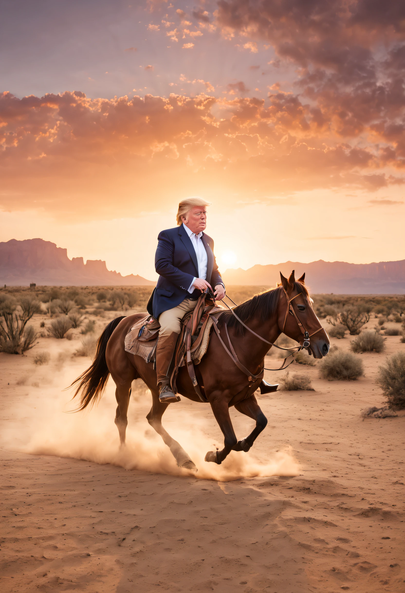 "A unique view of President Trump on a farm, vestindo um traje de cowboy, Riding a horse in the desert as the sun sets below the horizon, criando uma atmosfera de nostalgia e aventura, Fotografia, Medium format camera with wide-angle lens, --ar 16:9 --v 5"