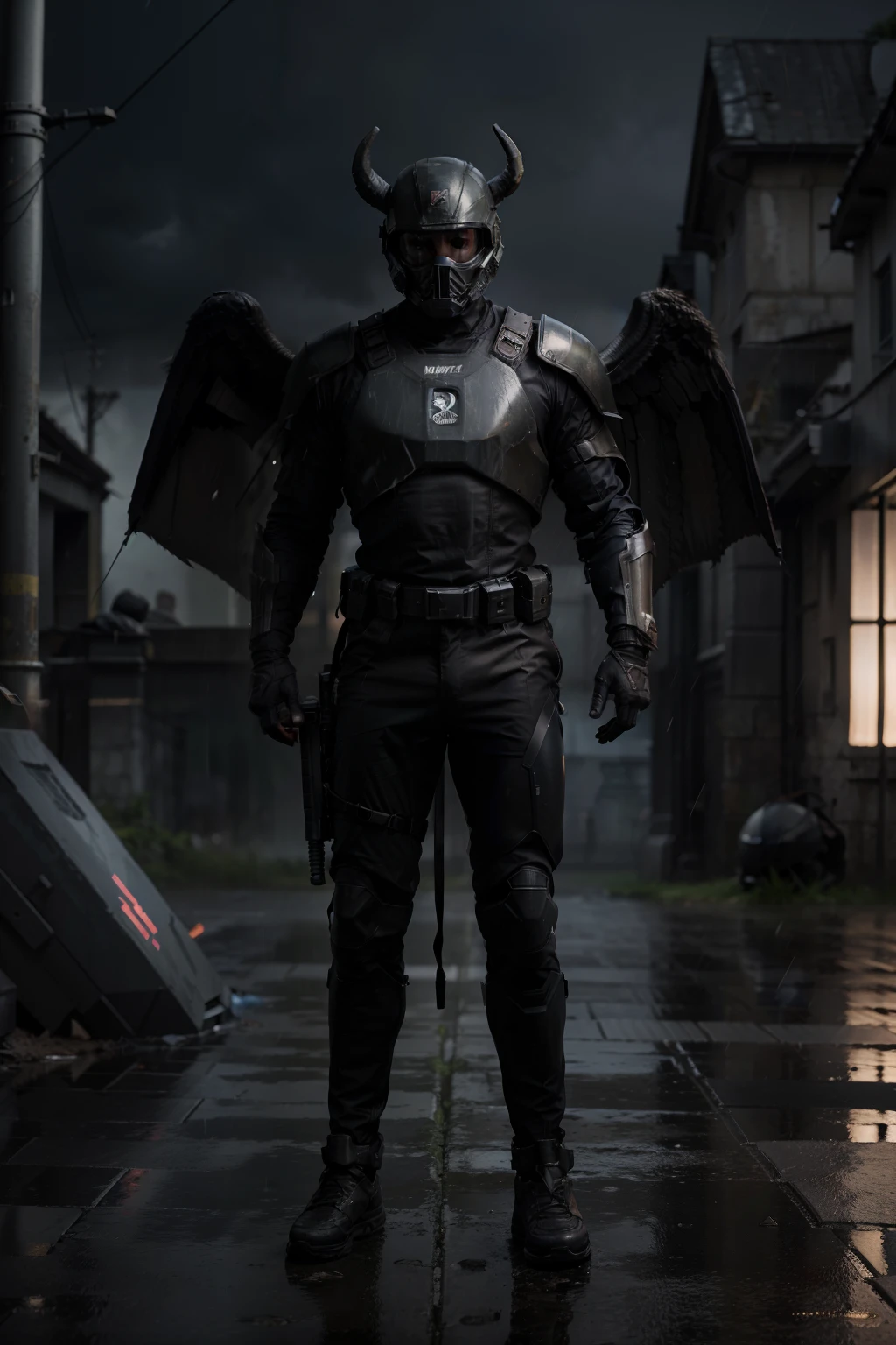 Ultra realistic, 8k, atmospheric, tamplier soldier, heavy armour, young male, full body view, dark atmosphere, rain, helmet with horns and wings