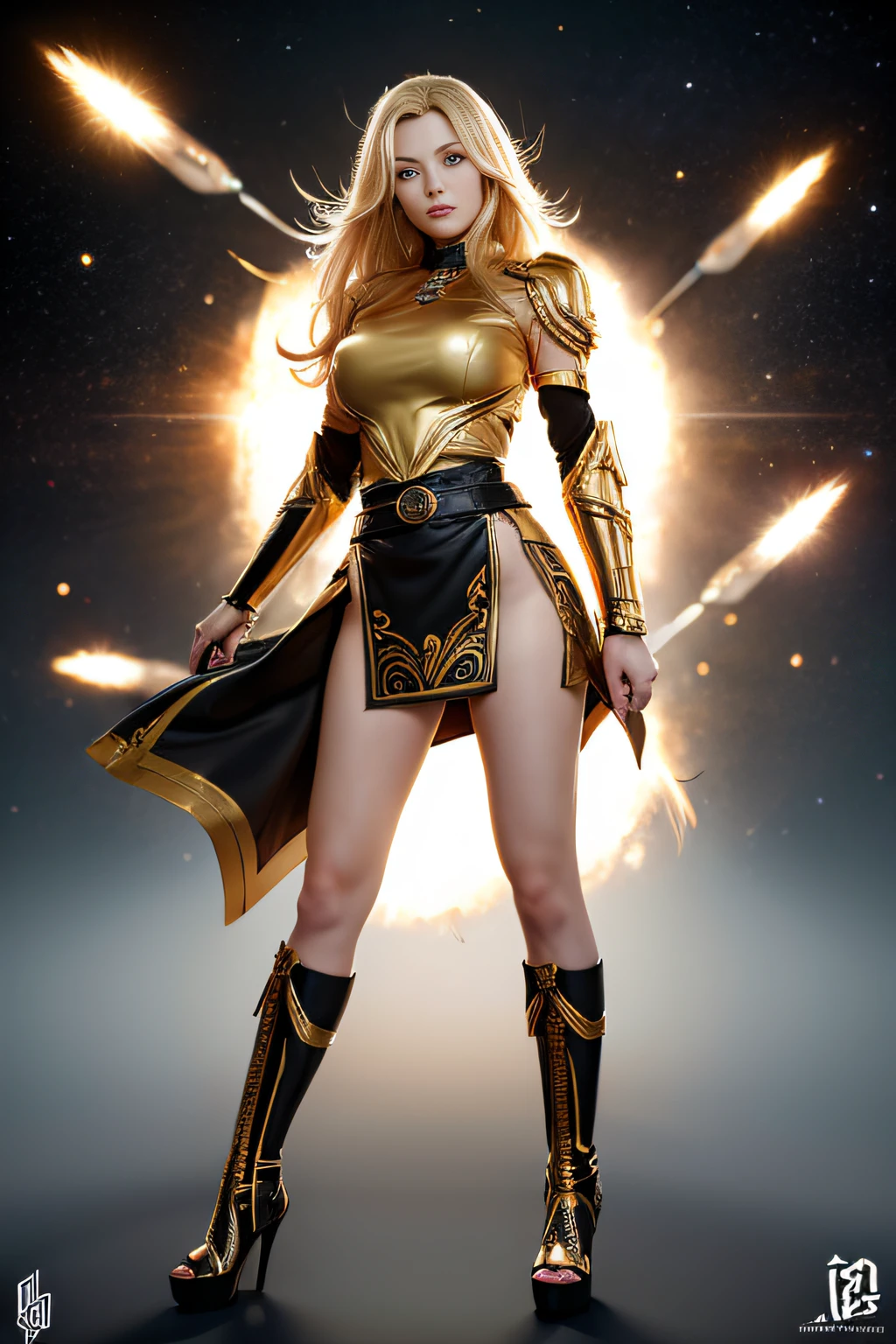 space warrior, beautiful, female, , soft lighting, 8k,Tsunade stands tall in a realistic art style, wearing gold stiletto high heels that perfectly match her chic and sophisticated fashion sense. Her long, flowing blonde hair catches the light, contrasting against the black skirt, brown belt, and white shirt she's wearing. The focus is on the intricate details, emphasizing the textures and anime renderings.full body