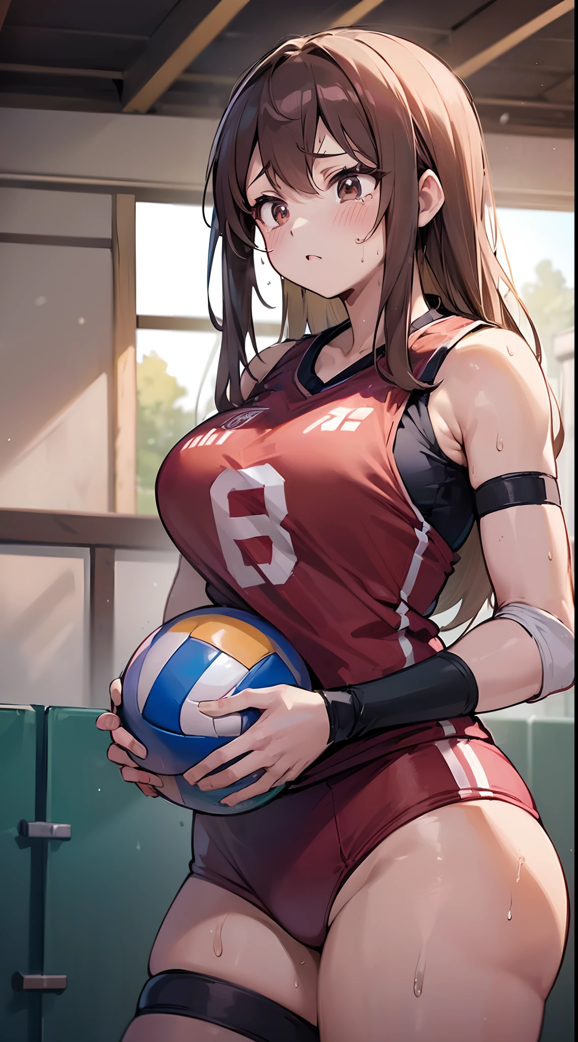 (((masuterpiece))), (((Best Quality))), (((Super Detail Art))), (((hight resolution))), ((superfine illustration)), ((Ultimate cutie)), Detailed beautiful face, Shiny hair, (gyaru), medium breasts, ((potbelly)), (((2girls))), ((two female volleyball players)), sad, (Tearfully), (((Yuri))), The whole body is dirty, BREAK, (((Hold the Beautiful spherical shape 6-inch volleyball))), BREAK, (((Buruma))), (Volleyball uniform), Sleeveless Volleyball Uniforms, (((Buruma))), (Kneepads), (elbow pad), (Bare hands), ((Sweat)), ((Covered in sweat)), (Breathless), on valleyball court, in gymnasium, Lighting, Look at viewers