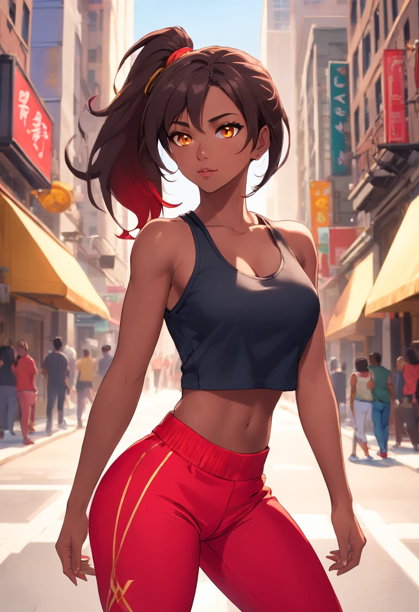dark-skinned arabic girl in a black top and red pants, yellow eyes, pony tail, on a Chicago city street, crop shirt and strong abs, full body length shot, red gold and black outfit, converse, fitness model, gorgeous female, athletic fashion photography, full body close-up shot, portrait of modern darna, fit curvy physique, red and gold, by Natasha Tan, profile image, gold and red, araffe woman in a black top and red pants on a Chicago city street, a portrait by Natasha Tan, trending on cg society, arabesque, crop shirt and strong abs, full body length shot, red gold and black outfit, fitness model, gorgeous female, full body close-up shot, athletic fashion photography, portrait of modern darna, fit curvy physique, female genie, female djinni, masterpiece