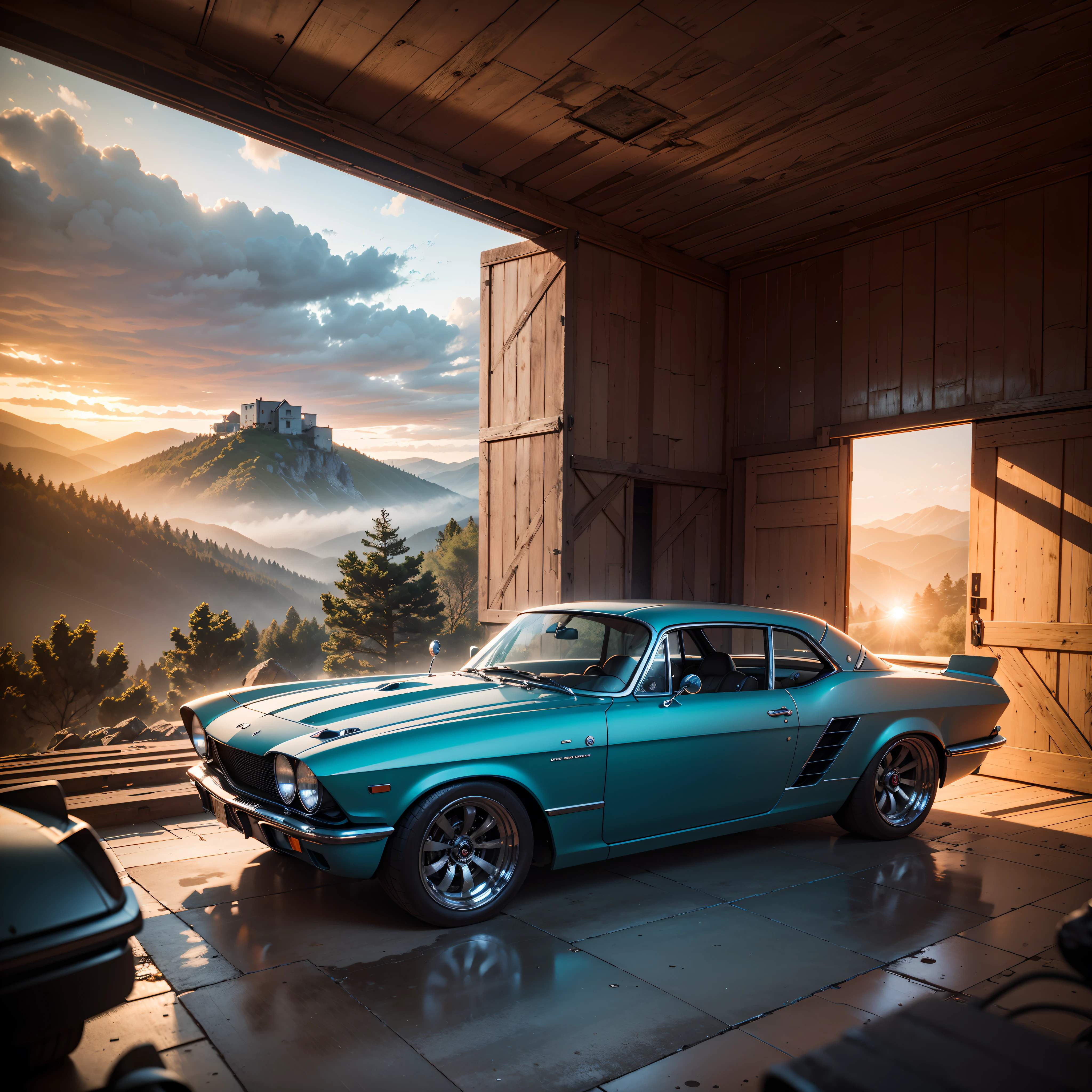 An abandoned 1960's concept Supercar found in an old barn in the middle of a mountainous forest at sunrise with cloudy weather 4k 3d render unreal engine 5 rendered with blender and octane global illumination