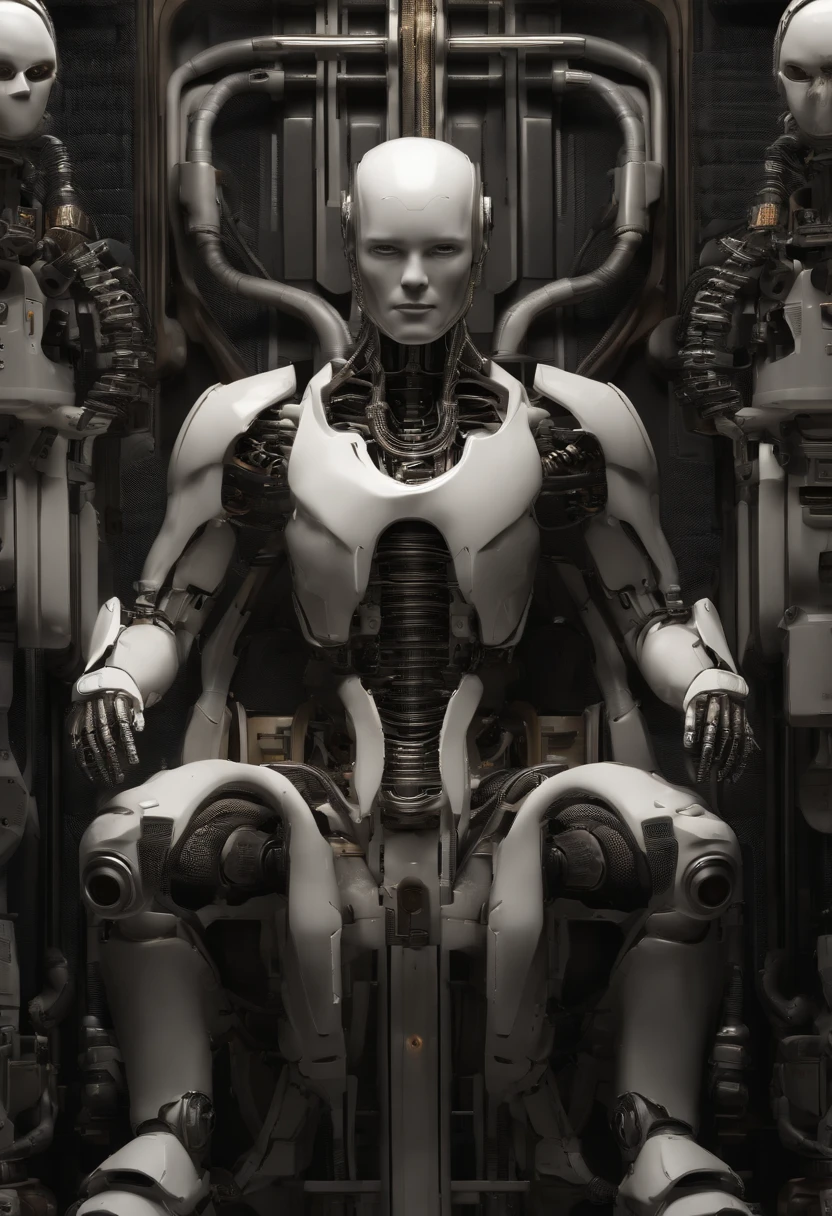 front facing portrait of futuristic robot sitting on clockwork throne, resting chin on one hand, with psychedelic machinery in background (by Jim Burns:2), (best quality, alien aesthetic) <lora:RMSDXL_Enhance:2> <lora:Schizowave-000004:0.5>