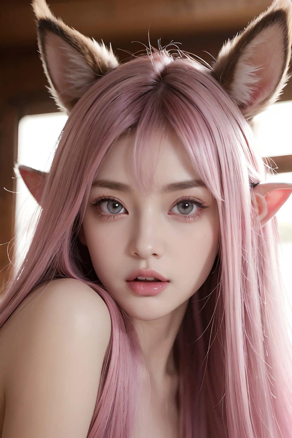 Pick dyeing,Inner staining,Dull hair,Gradient hair color,deer antlers,Bell,Love pupils,Beautiful pupils,Pink eyes,Long pointed ears,Beast-eared loli,Seductive expressions,Ahhh,Love in your eyes,Stick out her tongue