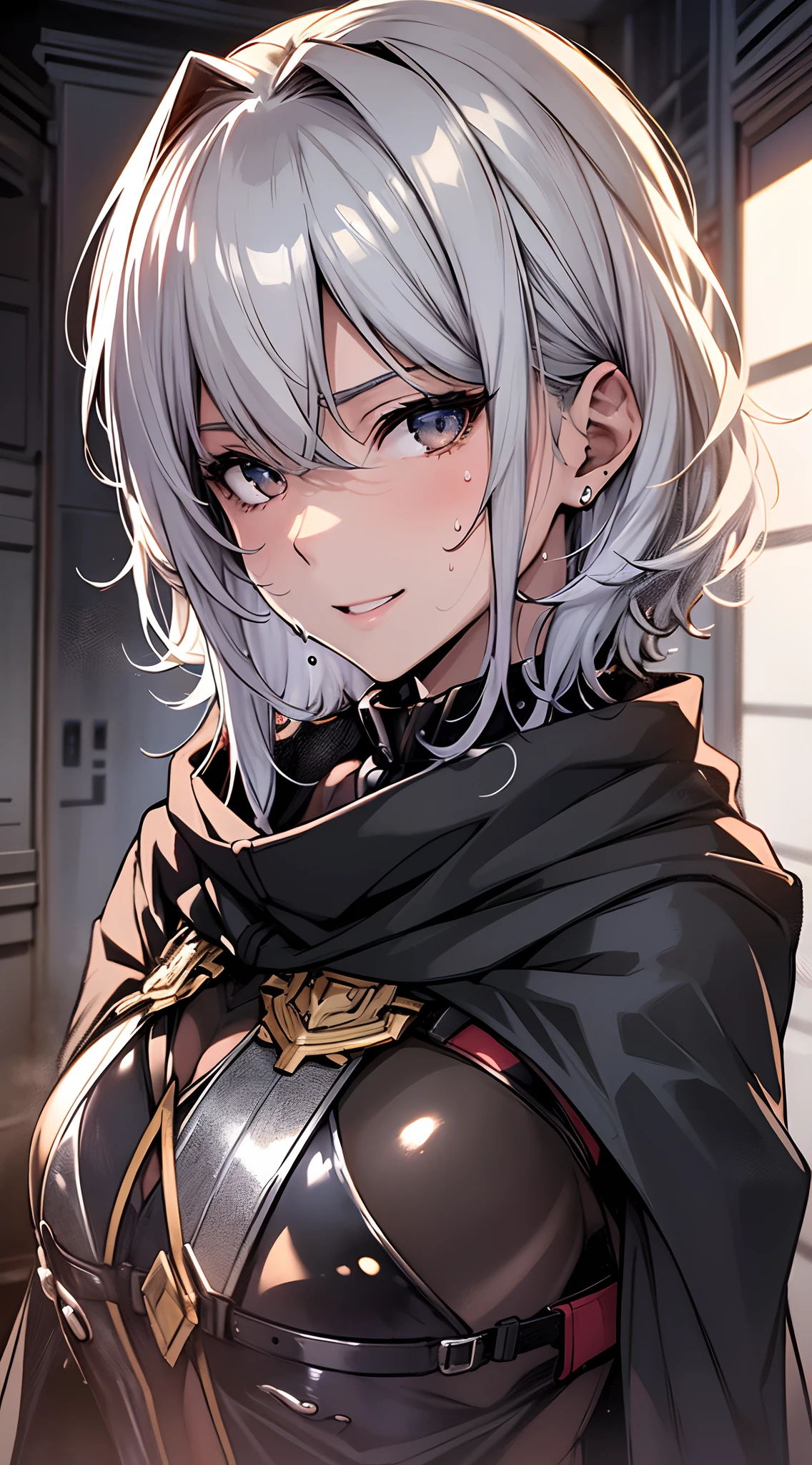 top-quality、supreme1People Girls,hightquality,, ((masuter piece)), ((High resolution)), ((Best Quality)), detail, (NSFW:1.6 ,cum faced、Excited face.Very happy,), ((Skin shiny with sweat)), (Black Bikini Armor:1.2、Black cloak、)、 girl with, silber hair:1.5, (Short straight hair)、Hold the knife:1.4、Brown skin tone:1.3、Smaller chest、cinmatic lighting, perfectly shaded,(((inside in room))), Realistic lighting with shades,
