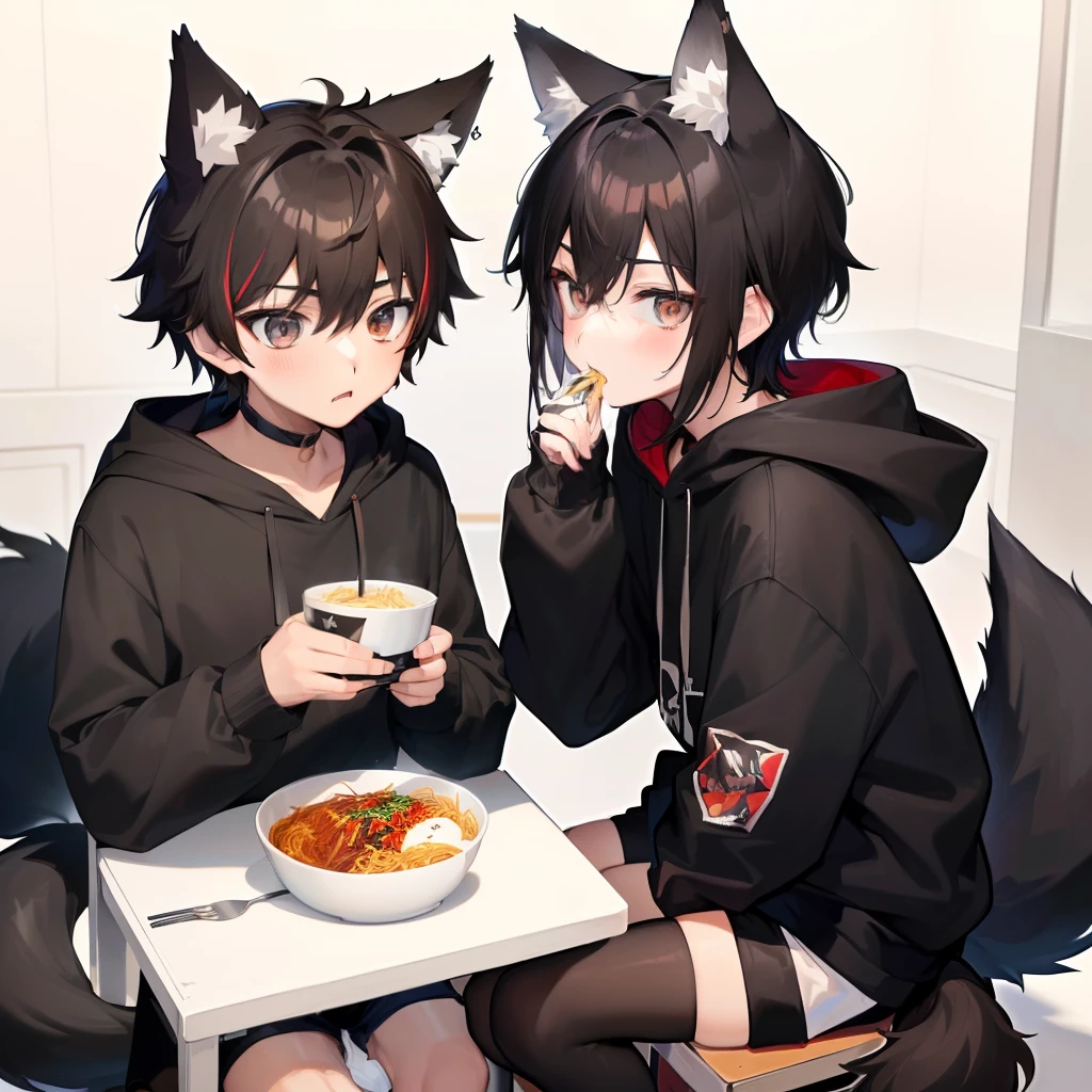 a hand-drawn anime-style illustration featuring two female characters. One character, sitting cross-legged on the floor, has short red hair, fierce red eye color, and wears a red hoodie while eating something. The other character lies on the floor with short black hair, shy blue eyes, and black fox ears. A black cat with blue eyes stands in the background observing. The room is messy with scattered papers, books, a green bottle, and a cup. A bulletin board filled with notes and drawings hangs on the wall, and a computer monitor is visible in the background.