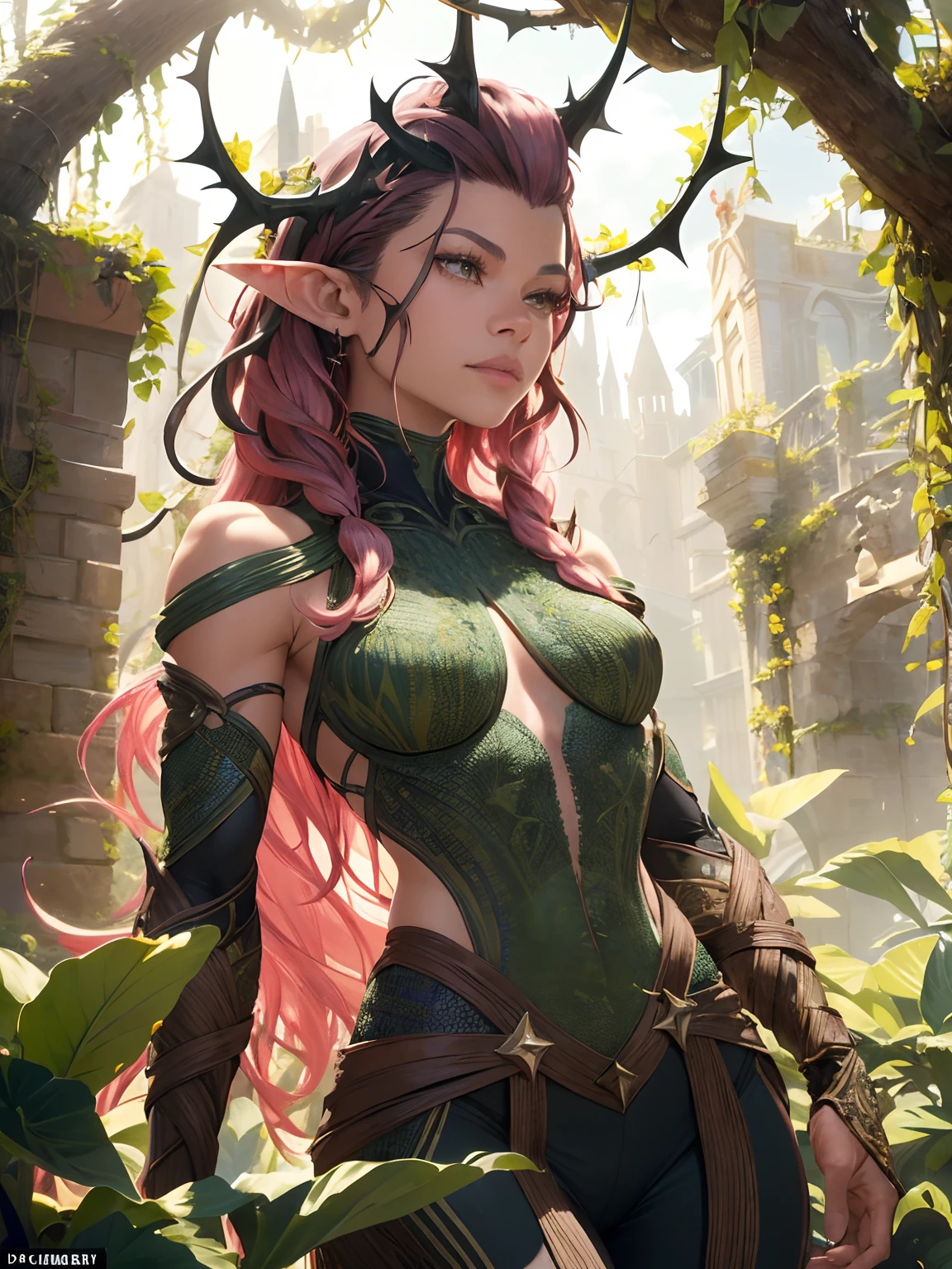 (zendaya:Evangeline Lilly) [woman:Plant:15], (masterpiece:1.4, best quality), (intricate details), unity 8k wallpaper, ultra detailed, beautiful and aesthetic, (surrealism:1.4), affinity for plants, can control their growth, shape, and even communicate with them, manipulate their thorns and vines, command them to perform specific tasks, long hair, pink hair, pointy ears