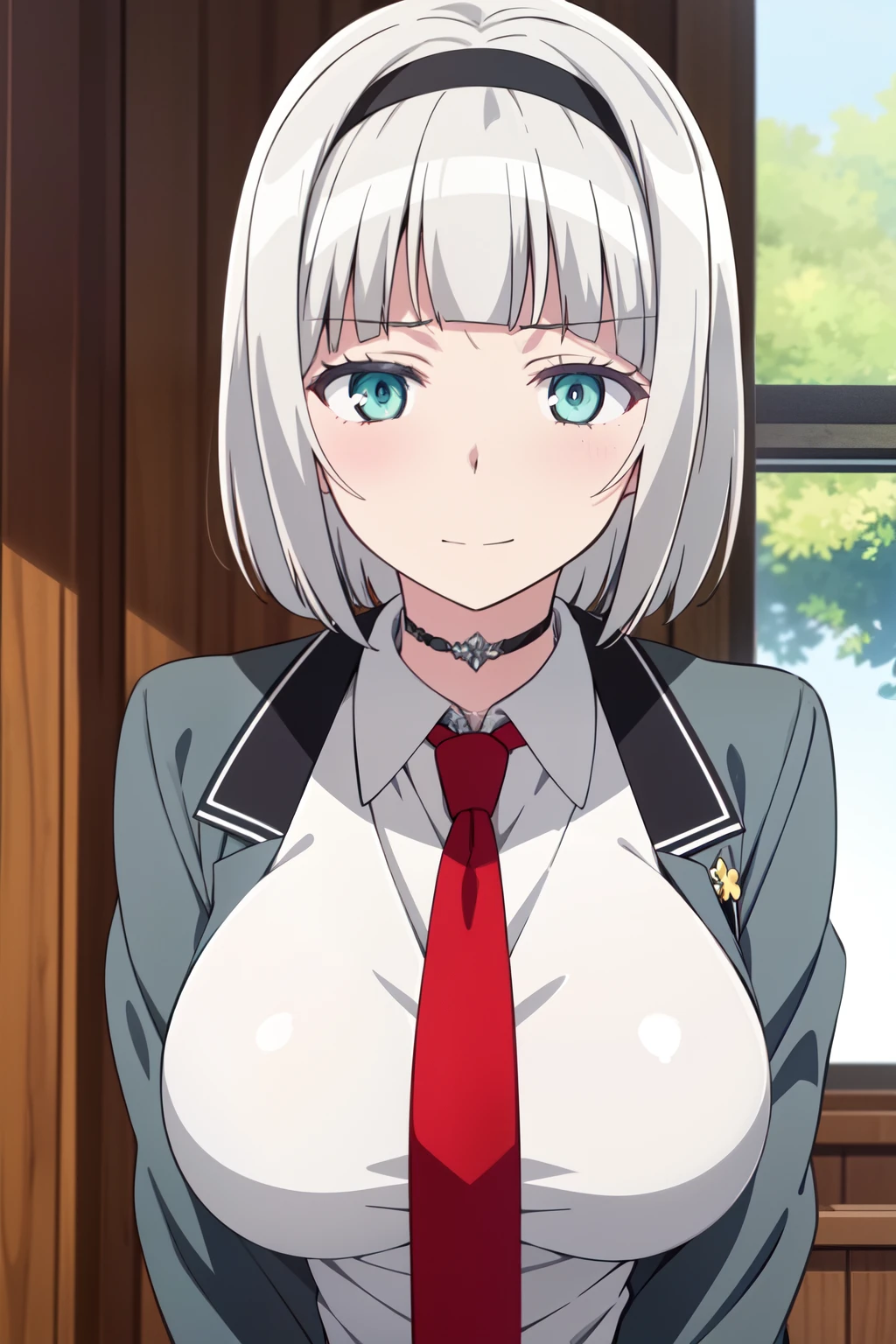 (masterpiece, best quality, ultra-detailed), AnnaNishikinomiya, white hair, aqua eyes, short hair, hairband, large breasts, school uniform, grey jacket, white shirt, red necktie, blue skirt