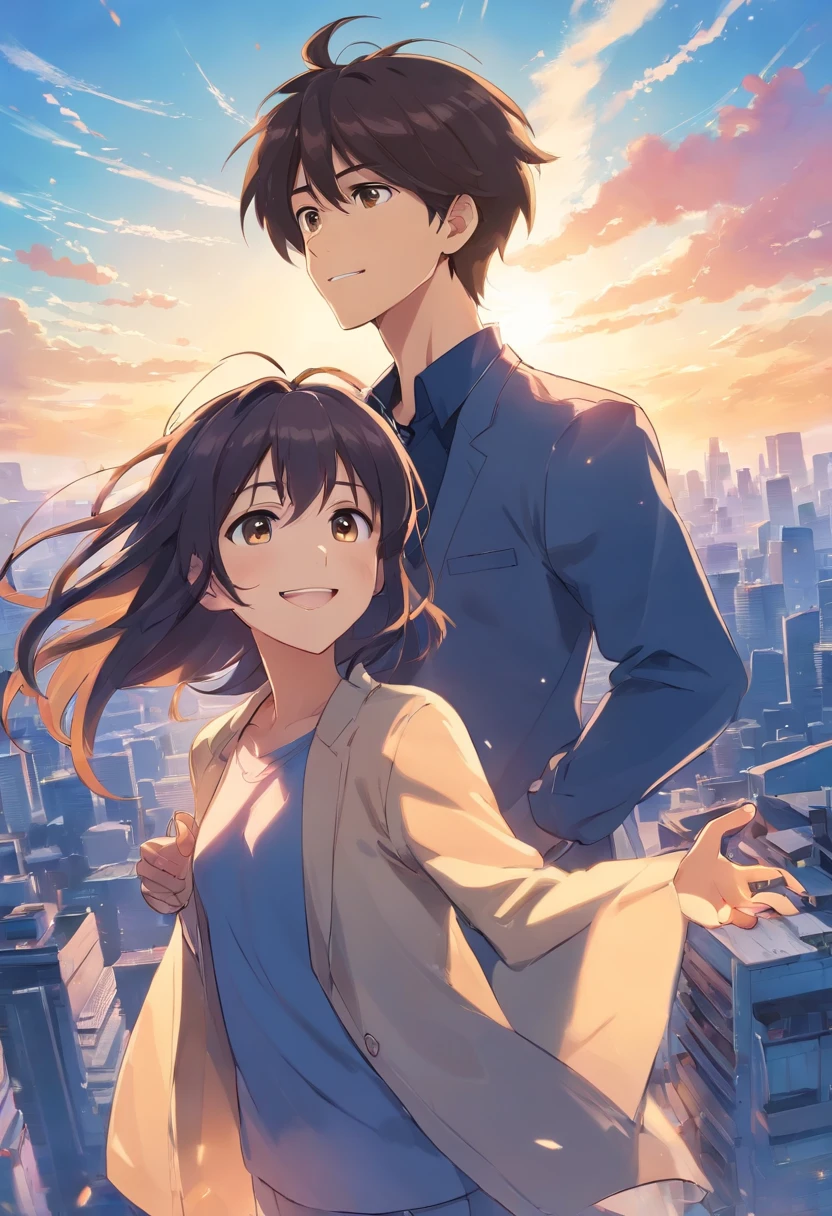masterpiece, anime, best quality, 2others, couple, mature, adult, height difference, different fashion, different color, casual clothes, long sleeves, smile, happy, love, swirling wind, blue sky, long haired man, light brown hair man, black hair woman, black hair woman