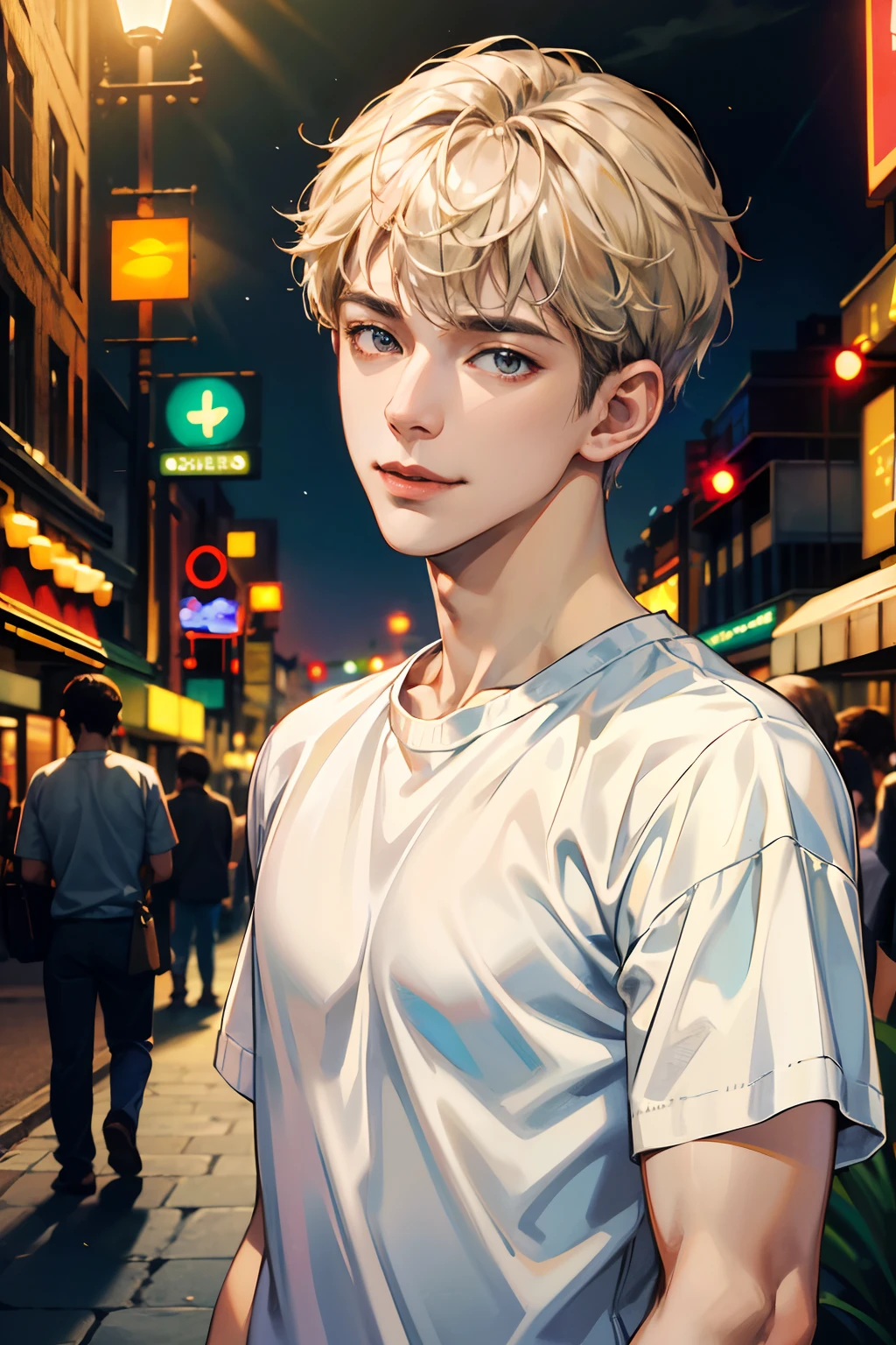 (absurdres, highres, A highly detailed, hdr), 巨作, Best Quality, 1boy, handsome, short hair hair, Delicate eye and detailed face, (White t-shirt), (red sweater), Dimple, Night Street, night city, midnight, Selfie Snapshot, slight smile