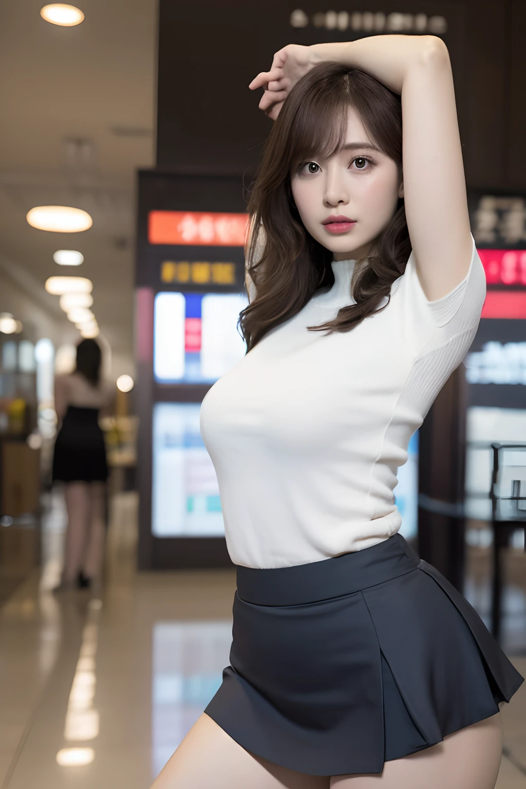 Shiny tight skirt、raise arms、Show armpits、Turn up your skirt、Long body、A slender、Inside the city、adult woman、adult lady、skin-tight、from side