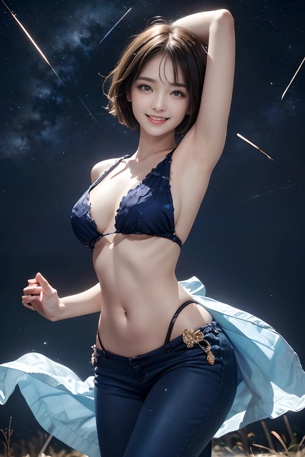 Smile full of happiness、((Looks happy:1.3))、18Slender beautiful girl、Panting face、Lacking、Sweating、Expression in a state of excitement、short-hair、eye glass、Photorealistic,High resolution,Soft light,1womanl,hips up high, Large breasts, Blue eyes, Sexy traditional costume lace, Sexy fluorescent color traditional garment with very small fabric area,、Ultra Mini、Looks Back、Navel Ejection、Wide open chest、stick out、Starry sky with lots of shooting stars in the background at night、Light on her、Fold your hands behind your head、Open the crotch、raise one leg wide