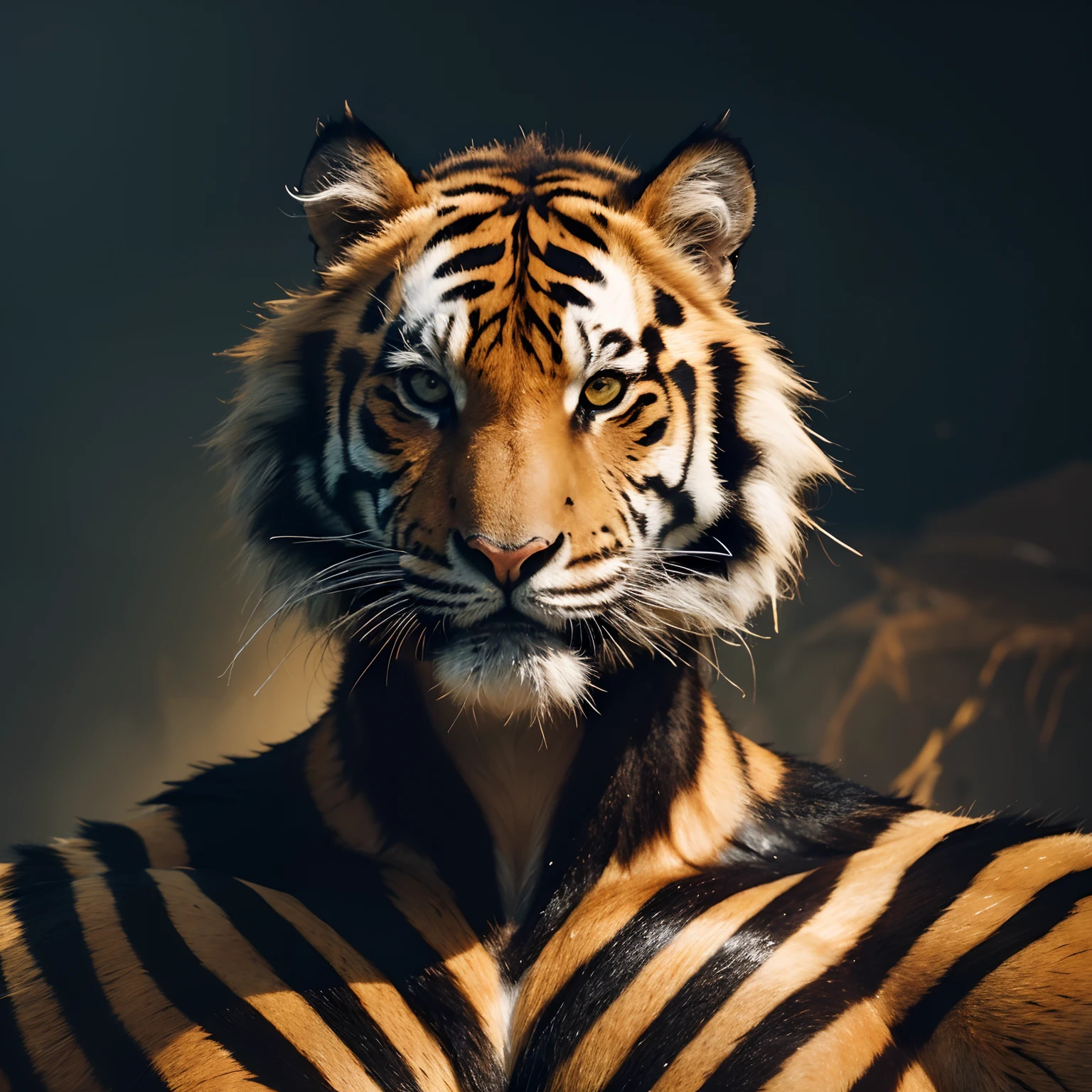 (best quality,4k,highres:1.2),medium:pencil sketch,oil painting,realistic,portrait,colorful,moody lighting,ultra-detailed,physically-based rendering,strong-built body,warrior,tiger-human hybrid,ferocious expression,sharp teeth,intense eyes,camouflage uniform,powerful stance,dynamic pose,fierce atmosphere,savage strength,detailed fur,striking contrast,exquisite details,aggressive attitude,dominant presence,commanding aura,majestic and wild,ground-shaking presence,intimidating figure,imposing personality,heroic depiction,blazing energy,awe-inspiring,empowering,formidable warrior,golden tiger stripes,dangerous and powerful,ready for battle,unstoppable force,dominance over the battlefield.