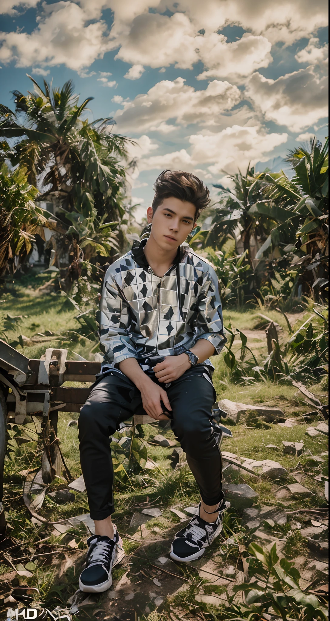 Full HD photography of David, age 19 years old, medium hair in pre-Christian costume Punk cyber Punk cheng background