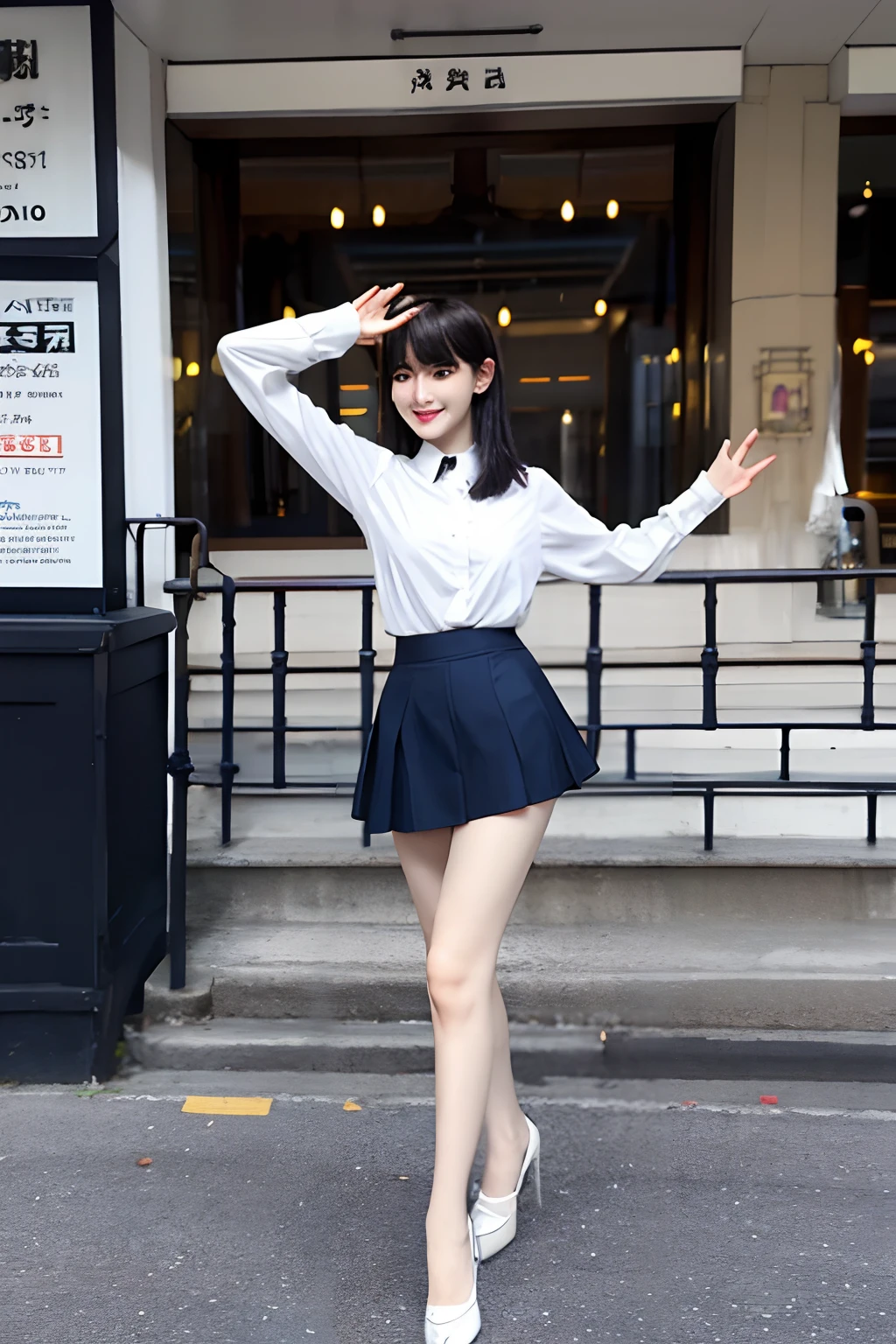 Shiny tight skirt、raise arms、Show armpits、Turn up your skirt、Long body、A slender、Inside the city、adult woman、adult lady、skin-tight