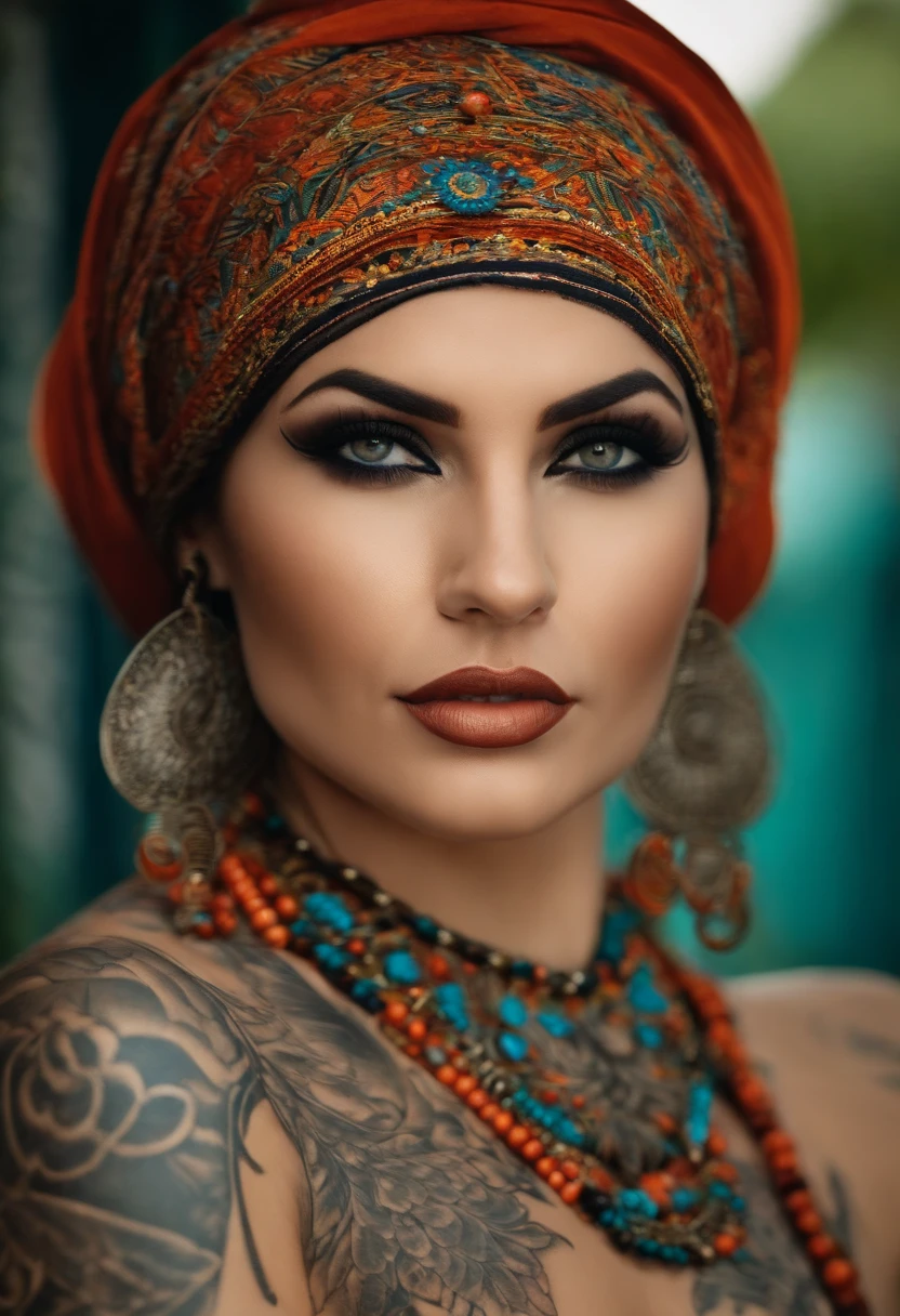Mulher pelada branca, tatuagem e de frente