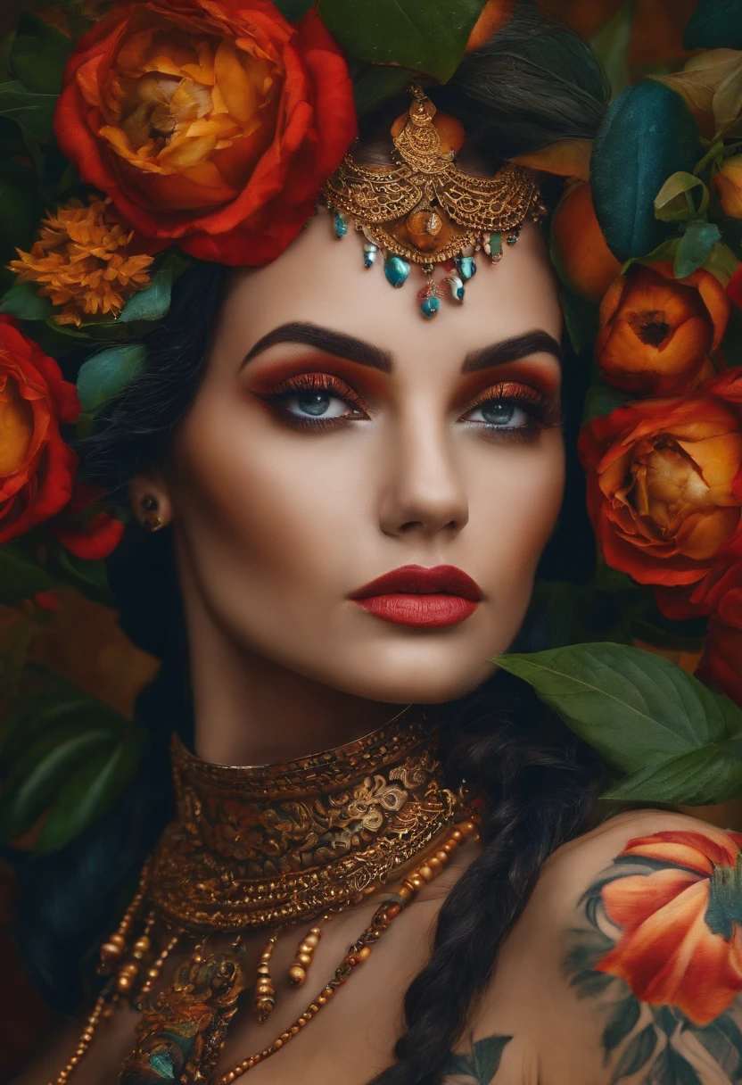 Mulher pelada branca, tatuagem e de frente