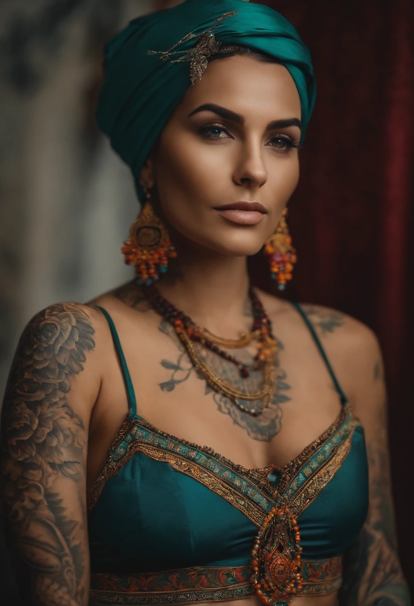 Mulher pelada branca, tatuagem e de frente