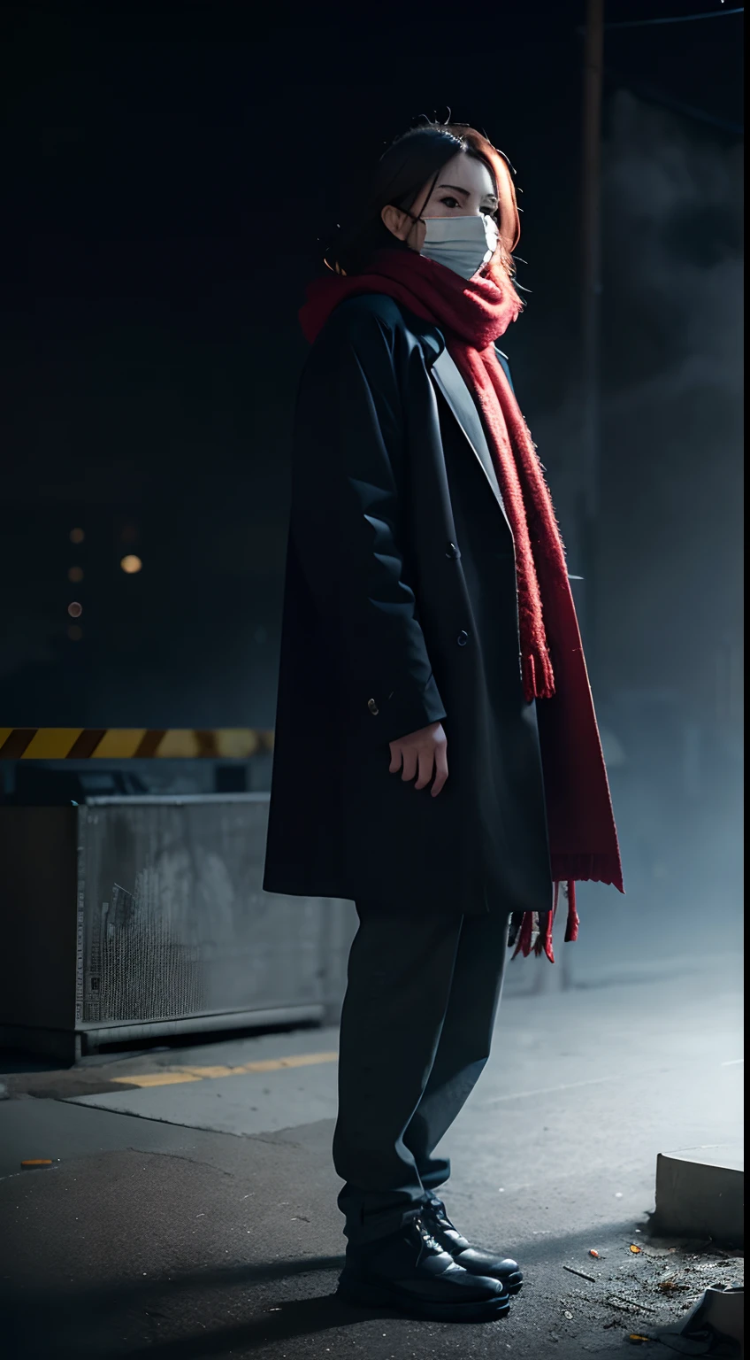 a closeup of a, facing the camera, in full height, Lily Massacre, Female Hunter-Killer, Steel face mask with slits for the eyes, hair light, tied with a red bow on the back of the head, black coat, red woolen scarf around the neck, Stealth Movement, Cybernetic limbs, The Trained Killer, Tactical Equipment, Expert marksmanship, Silent footsteps, Fierce determination, ominous vibe, Hunting in the shadows, Ruthless efficiency, Threatening presence, Killer accuracy, An ominous setting, Apocalyptic setting, High-tech weapons, Rugged cityscape, Nighttime cityscape, smoke and fog, Industrial aesthetics, sharp lighting, grainy textures, The contrast between light and darkness, mysterious aura, Hunter's instinct