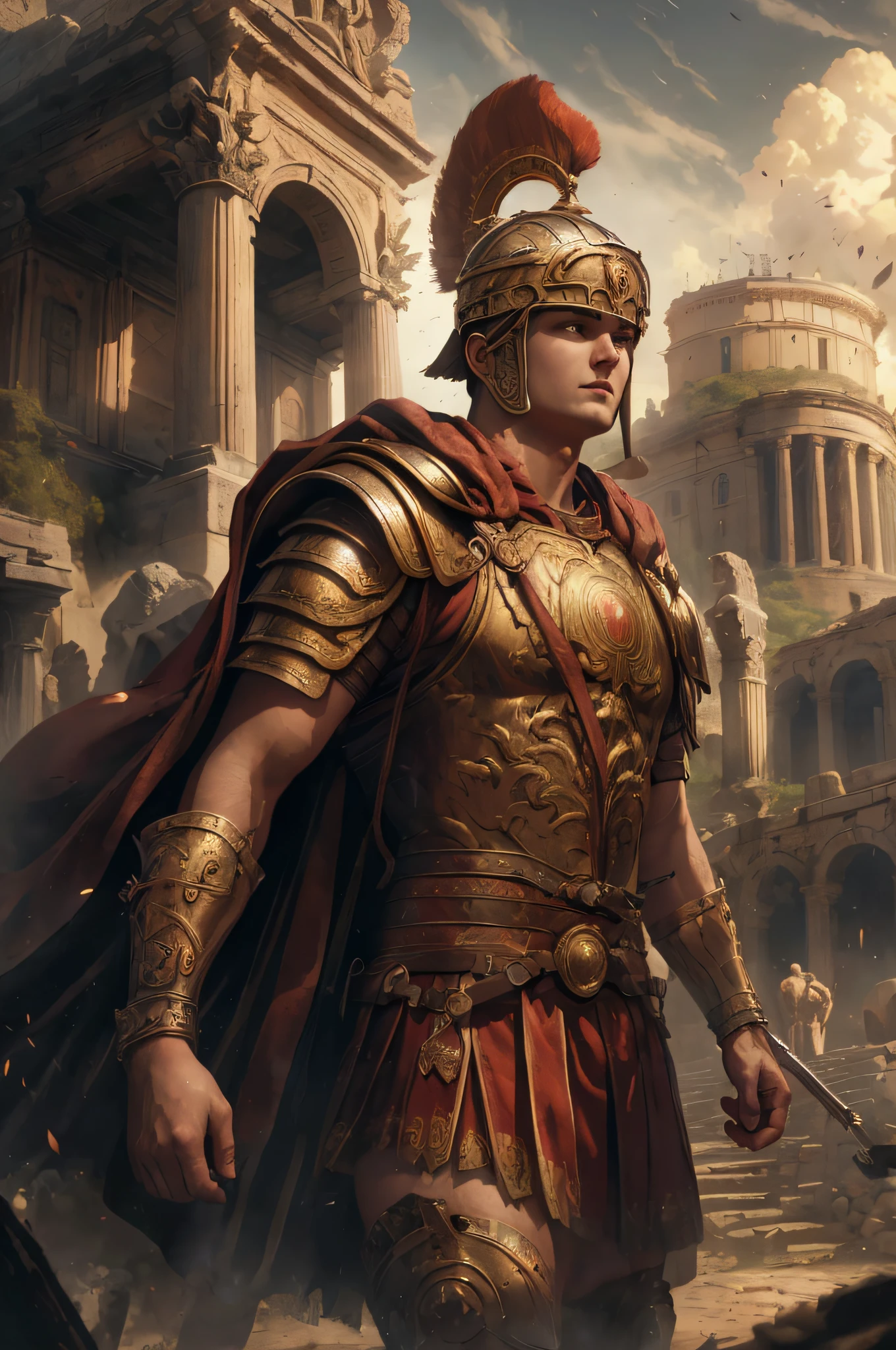 colorful, hyper detail, dramatic light, intricate details, best quality, (extremely detailed CG unity 8k wallpaper, masterpiece, best quality, ultra-detailed, best shadow),
(1man, masculine adult  male:1.2),  dark brown eyes, medium brown hair, taper fade,
 solo, (full body:0.6), looking up, detailed background, detailed face, <lora:stonepunkai_v10:0.6>, stonepunkAI, stone theme, gladiator,  victorious,    light green ancient roman gladiator armor, shoulder armor,  roman colosseum in background,  dust, blood, dramatic lighting, ancient roman gladiator atmosphere,