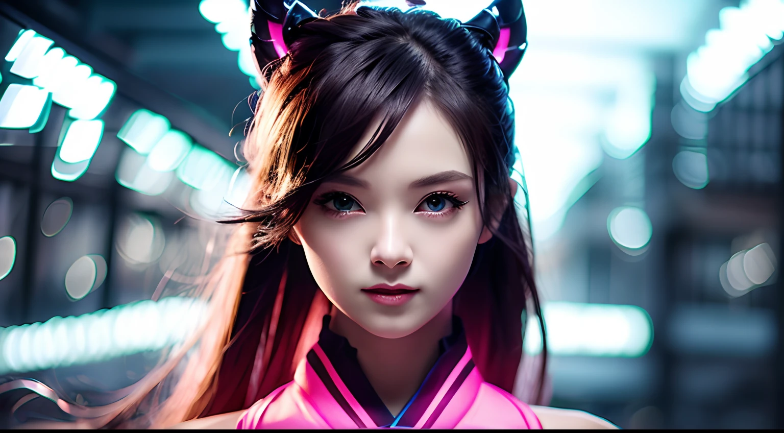 1girl, long pink hair, red horns, collared white shirt, black necktie, slight smile, Yellow eyes, corneo_power, buildings, Shops,city streets, dark sky, scenery, neon signage, night city, Japanese lyrics, absurdress, A detailed eye, Extremely detailed, voluminous lighting, Realistic, Realistic lighting, 8K, Cinematic lighting, Depth of field, Perfect, hyper-detailed, Photorealistic, ultra realistis, Realistic light, hard lighting, intricate details, stop motion, tonemapping, sharp-focus, hyper detailed,