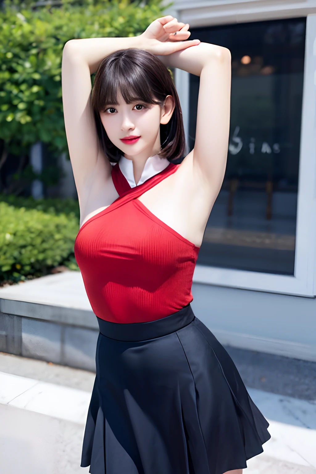 Shiny tight skirt、raise arms、Show armpits、Turn up your skirt、Long body、A slender、Inside the city、adult  woman、adult lady、skin-tight