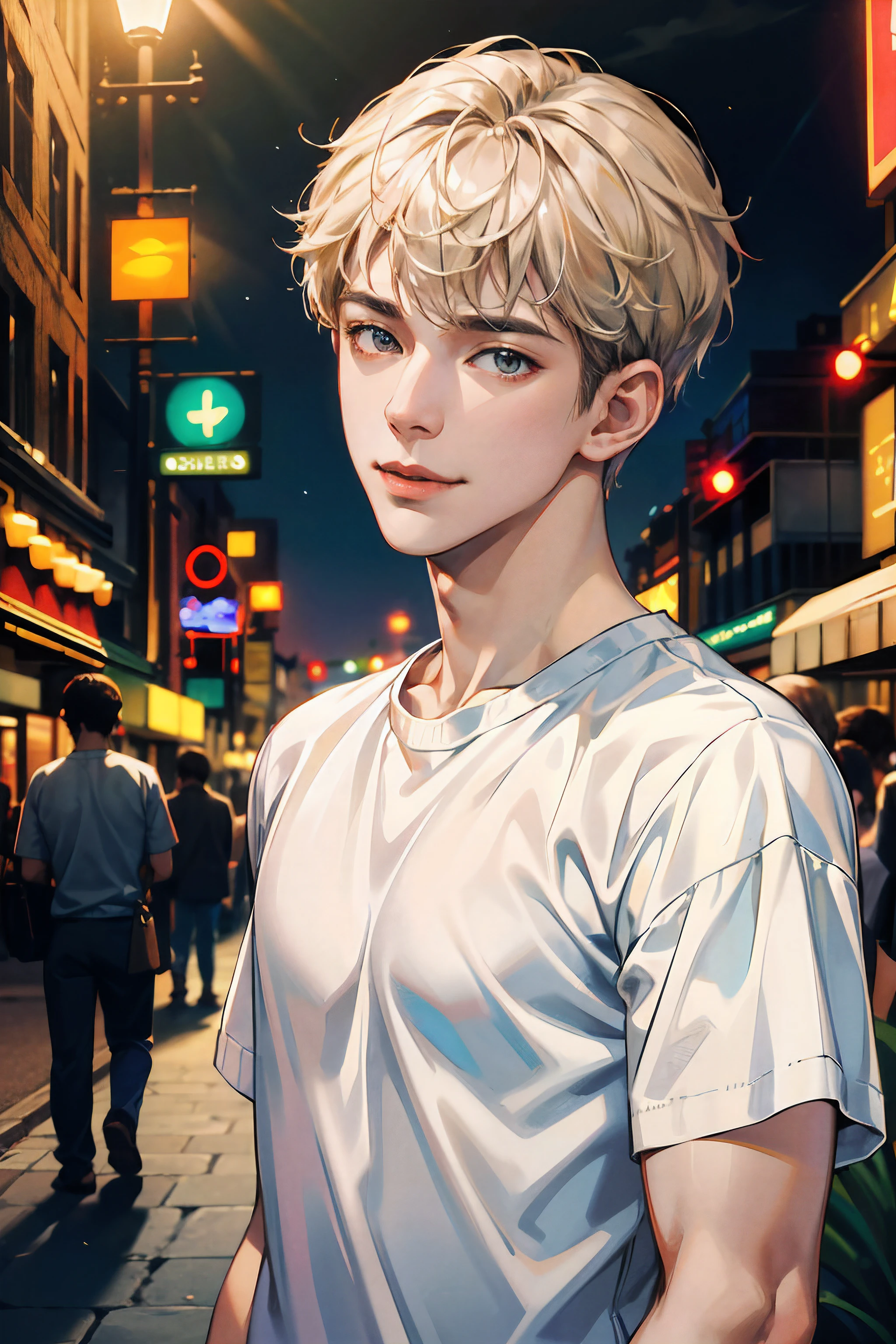 (absurdres, highres, A highly detailed, hdr), 巨作, Best Quality, 1boy, handsome, short hair hair, Delicate eye and detailed face, (White t-shirt), (red sweater), Dimple, Night Street, night city, midnight, Selfie Snapshot, slight smile