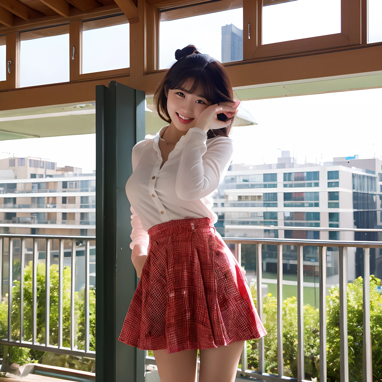 atmospheric perspective, 8k, super detail, accurate, best quality, ((Japanese young actress, round face)), film skin, (correct limbs), a women, blush, open chest a little, (dropping eyes), emphasize the shape of the breasts, (shy, let out a sigh, open mouth), ((straddling to hit her cute panties on the exposed pole or pipe)), (open legs, raise leg), (((just masturbating right now, slut))), narrow factory, many CNC machines, ceiling, (hair up), work clothes, ((skirt that reaches below the knee)), big window, sunset, slightly warm lighting,