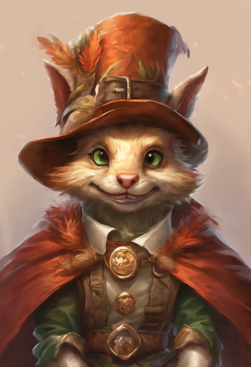 (((by Zackary911, by Kenket, By Kilinah))), Solo Male, Bright orange skin, Orange scales, (((Leprechaun)), (Detailed kobold)) Wearing a red cape with a hood, Green gemstone on collar, Bandage thighs and bandage chest, muscular toned, Squirrel ears, Fairy Tail, Messy hair, Front view, looking at the observer with an embarrassed smile, Blush, Take the staff, Perspective, finely detailed paws,