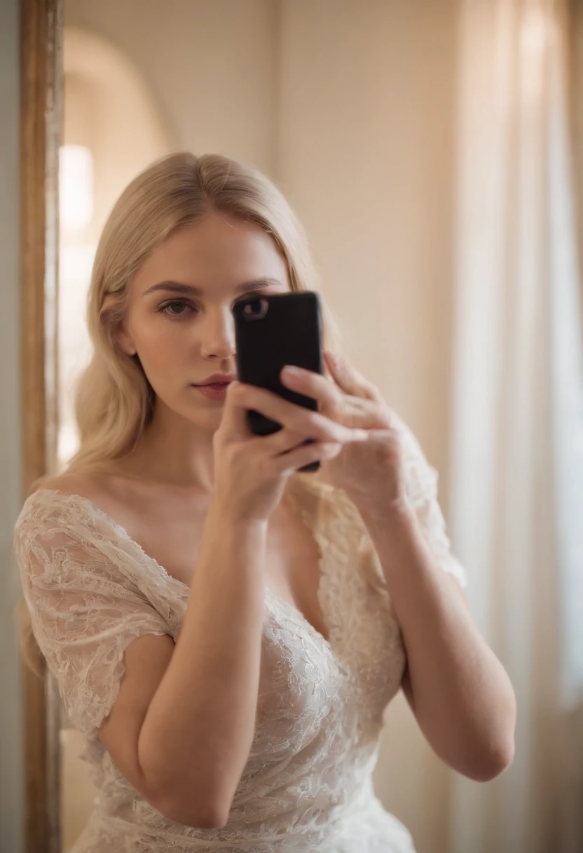 blonde girl takes a picture of herself through the mirror with her phone. full body photo with only underwear on. the girl has big tits and a butt, and otherwise thin. the room in the background is messy and dim. the image is of poor quality