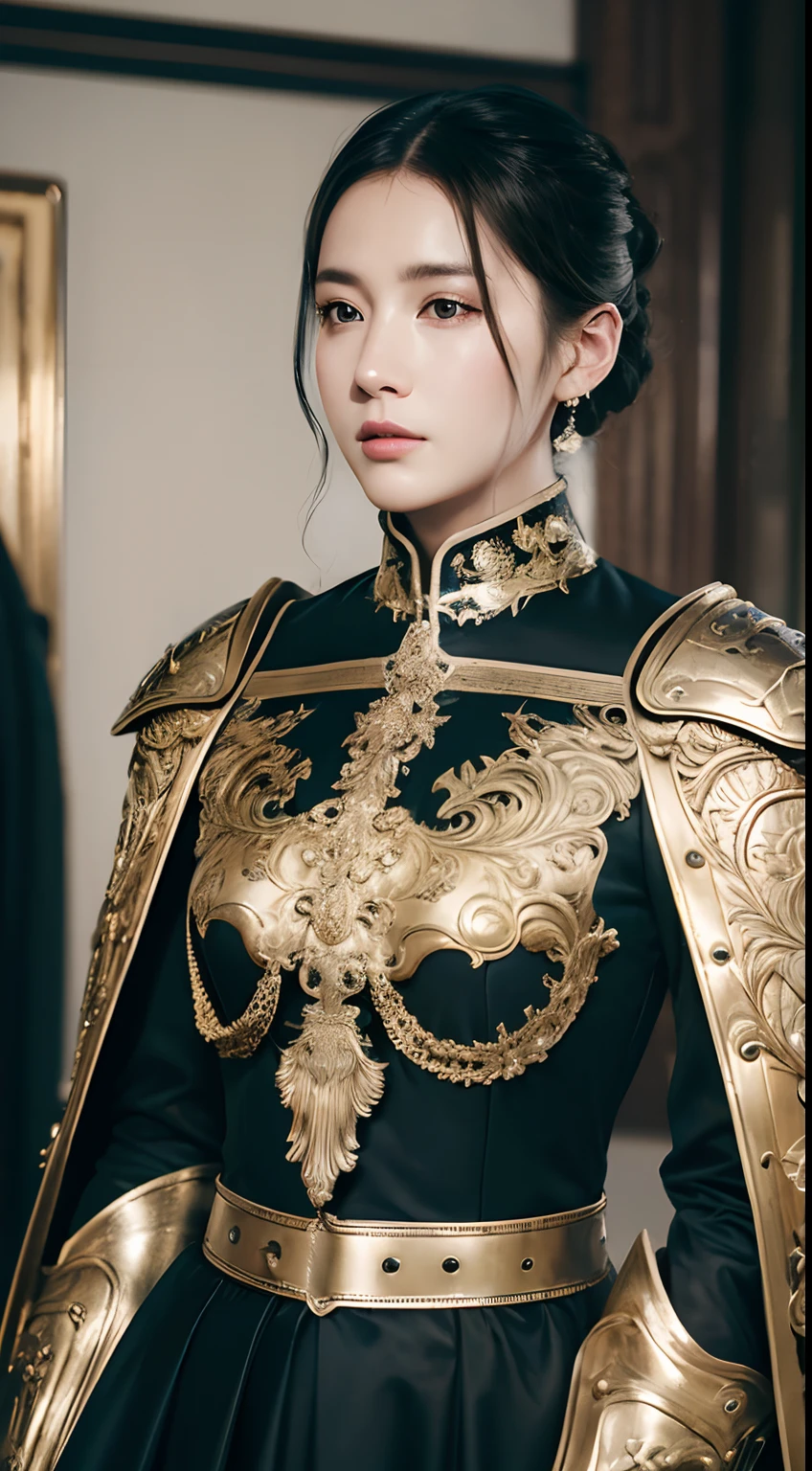 (Best Quality, 4k, 8K, hight resolution, Masterpiece:1.2), Ultra-detailed,(Realistic, Photorealistic, photo-realistic:1.37), HDR, UHD, a woman dressed in a black and gold outfit, ornate cyberpunk robes, in detailed steampunk dress, gilded black uniform, imperial royal elegant clothing, steampunk clothes, wearing a black noble suit, xix century military outfit, armored dieselpunk wardrobe, fashionable rpg clothing, very detailed and rich clothing, wearing a noblewoman's outfit, black armored uniform, black and golden armor
