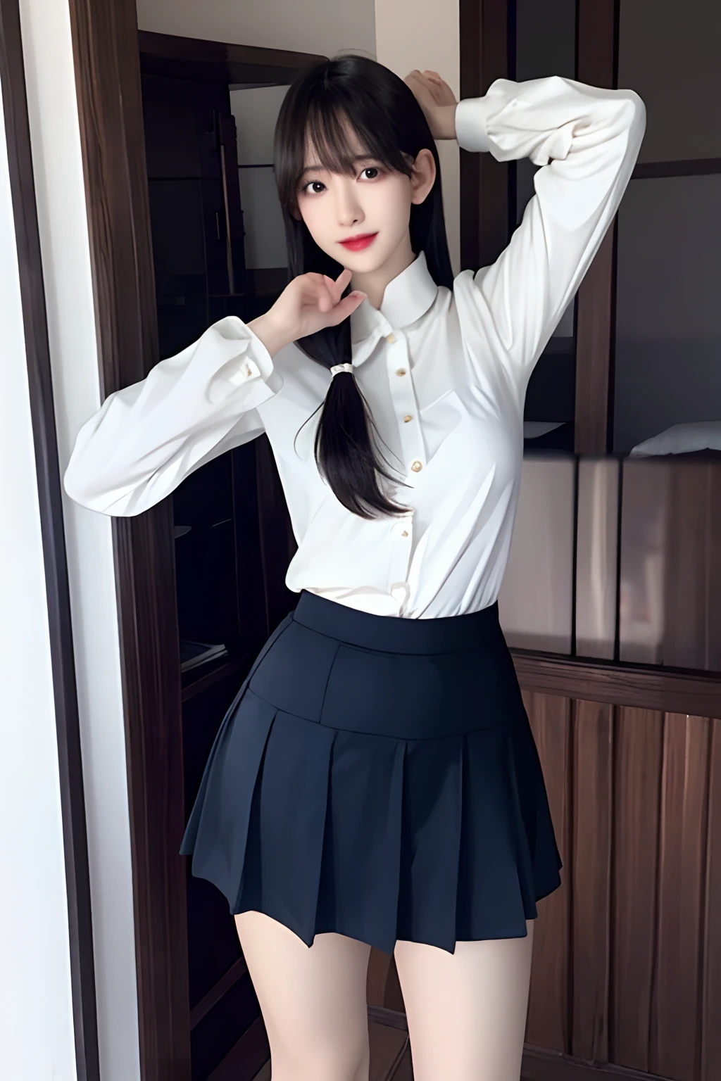 Shiny tight skirt、raise arms、Show armpits、Turn up your skirt、Long body、A slender、Inside the city、adult woman、adult lady、skin-tight、from the rear