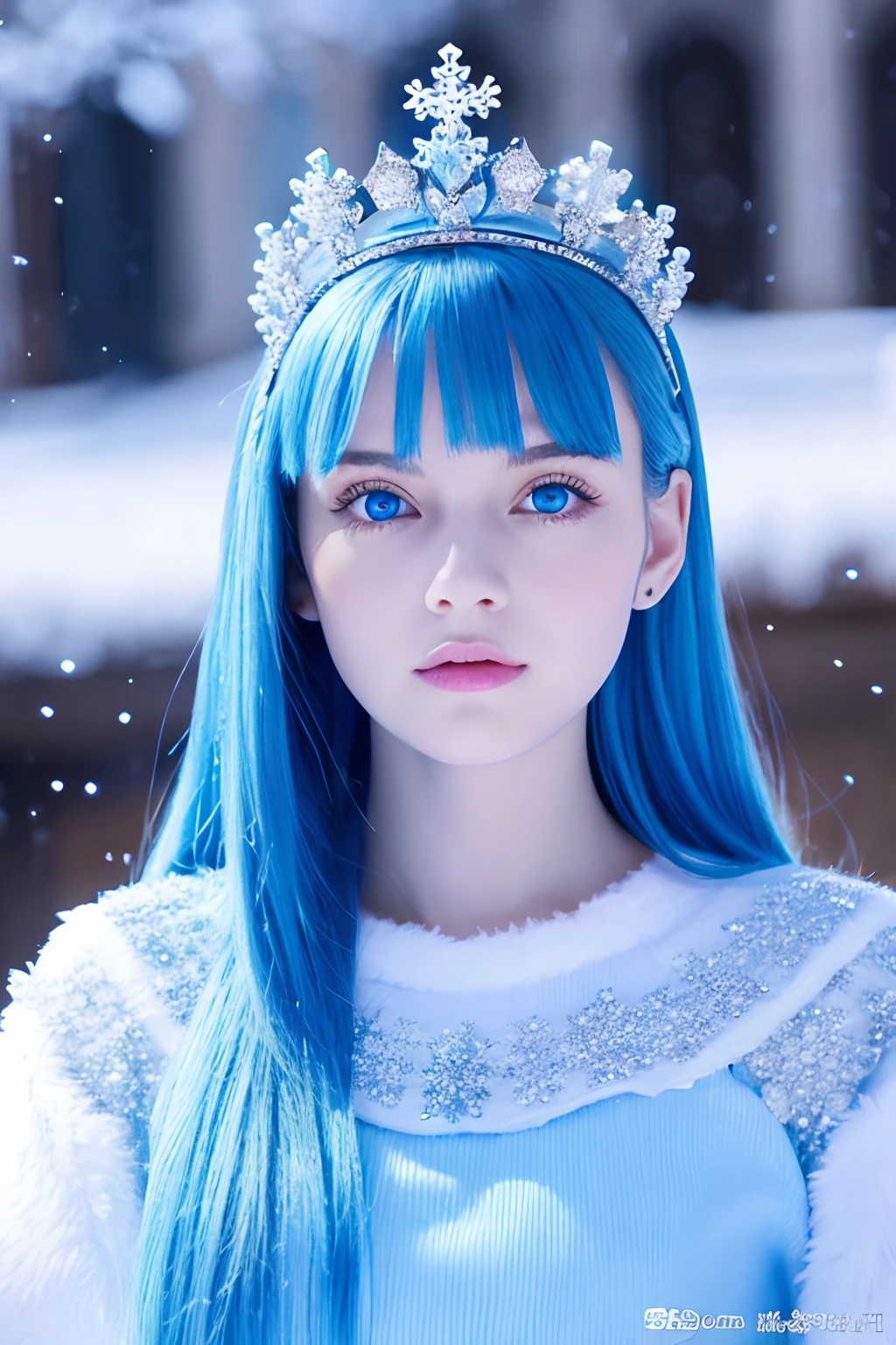 Real Women、Face Barbara Palvin、Blue hair、Blue eyes、crowns、Snowflake、Background Black、fulHD、