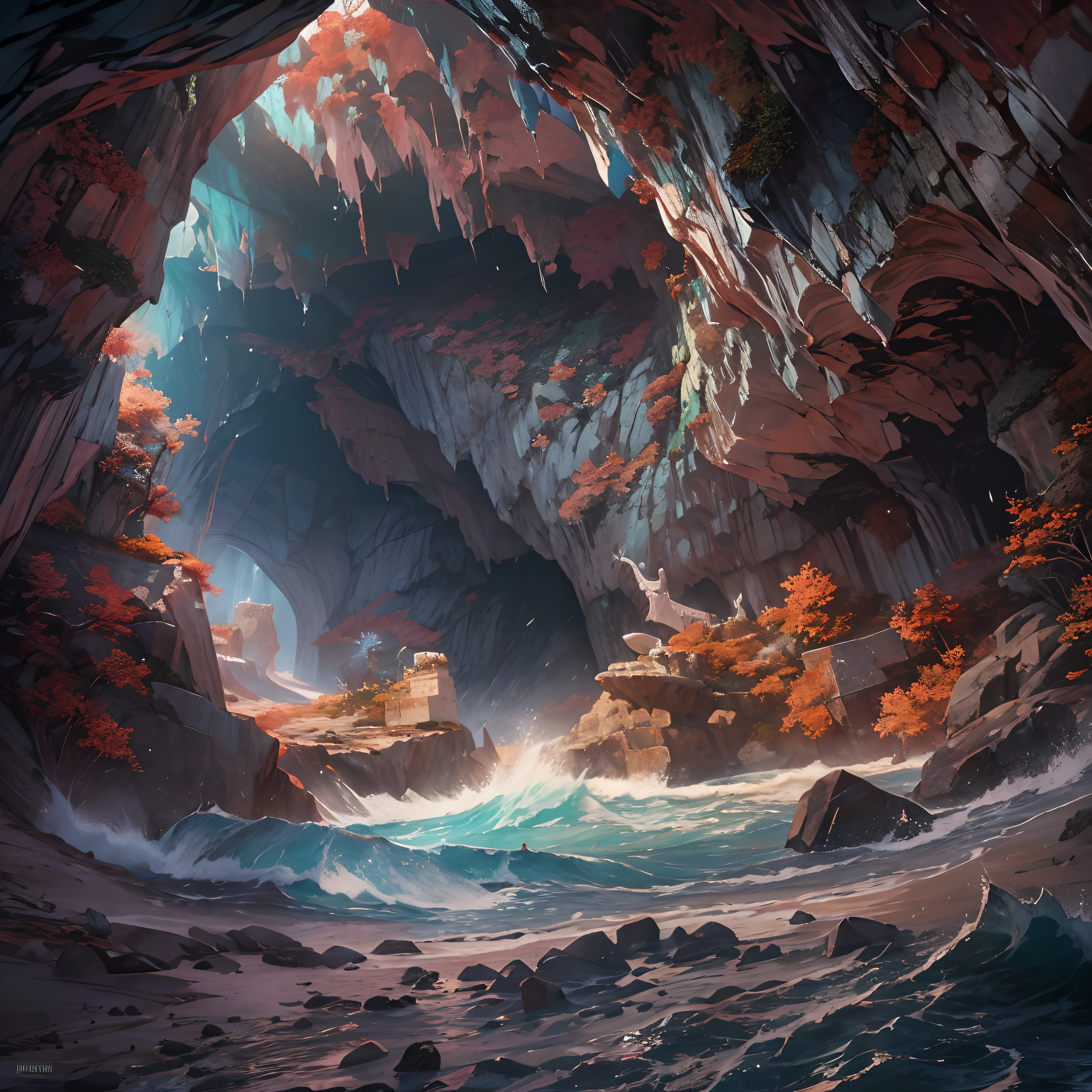 Masterpiece, Highest quality)), Full of details water, 4k, sea, coral, storm, large waves, debris from shop, sand, cave, inside a cave,((background)), (((inside cave)))